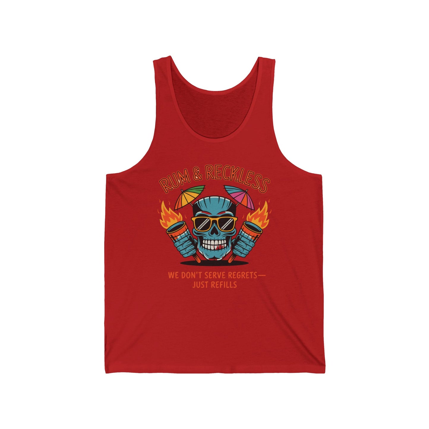 The Rum & Reckless Unisex Jersey Tank features a vibrant skull with sunglasses and beach hat, tiki torches, and “We don’t serve regrets—just refills.” Lightweight for summer vibes—perfect for beach lovers.