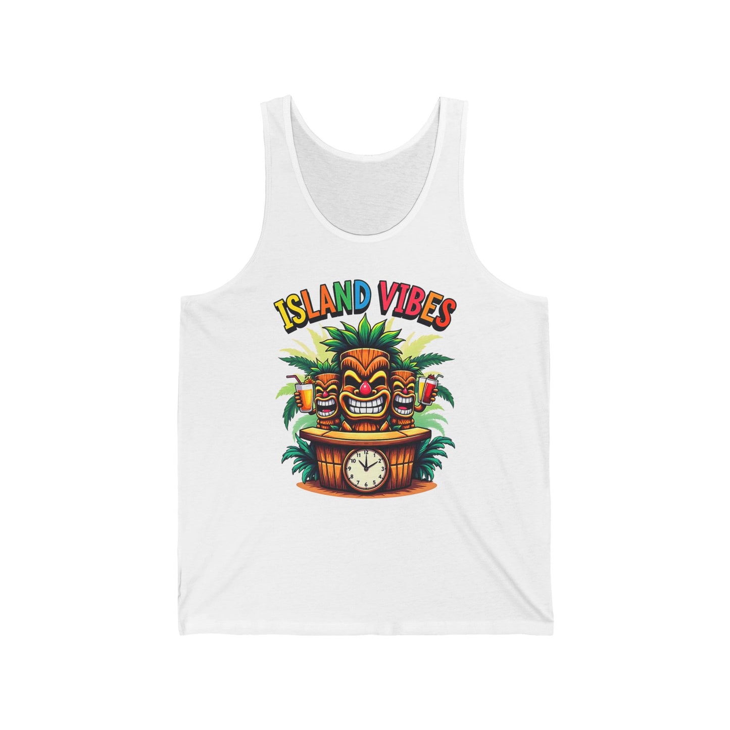 The Island Vibes Unisex Jersey Tiki Tank Top features colorful tiki masks, cocktails, palm leaves, and Island Vibes text—perfect for summer parties and beach days.
