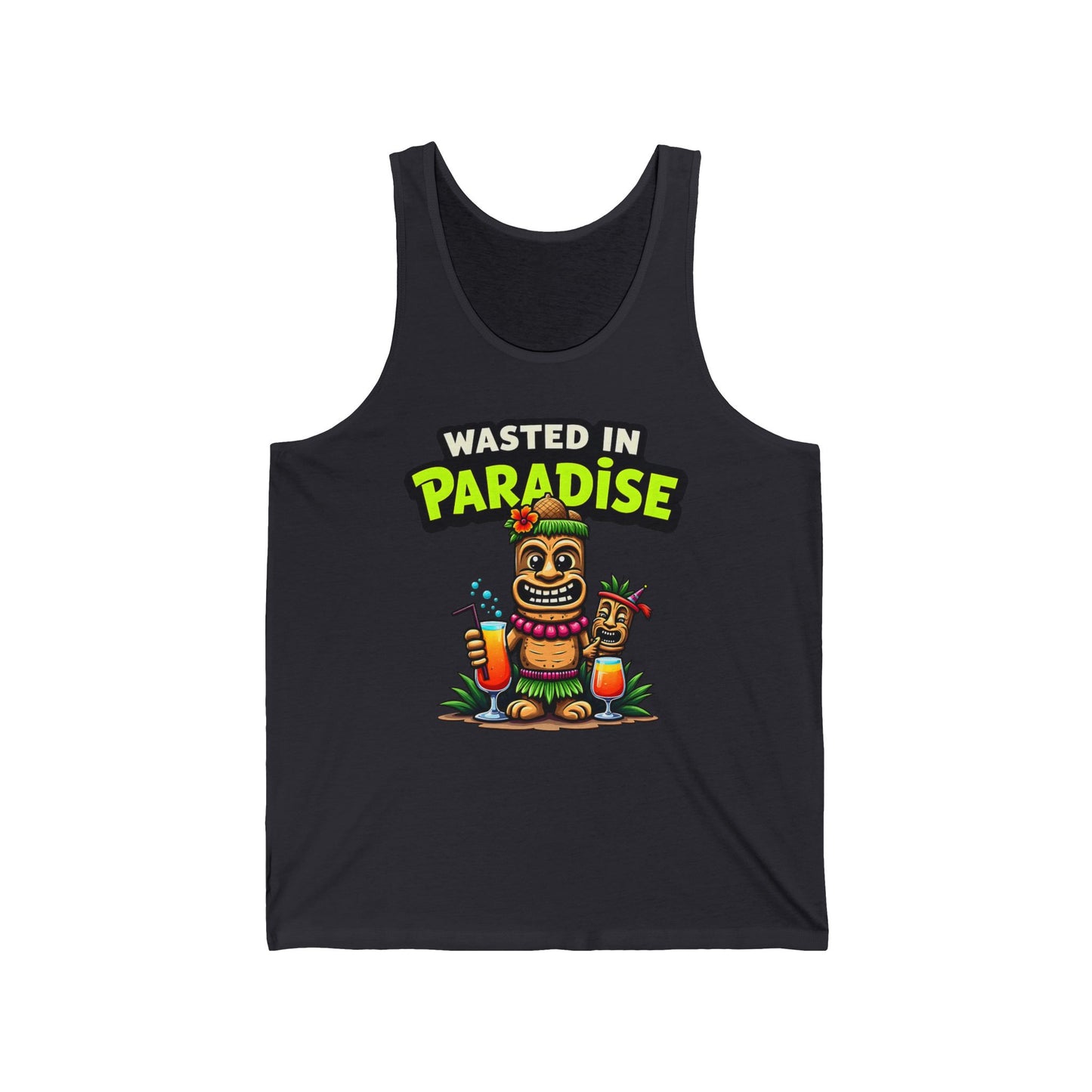 The Wasted in Paradise Unisex Jersey Tiki Tank Top features a comfy fit, vibrant cartoon tiki with tropical drinks, and bold text—perfect for fun summer vibes at the beach or parties.