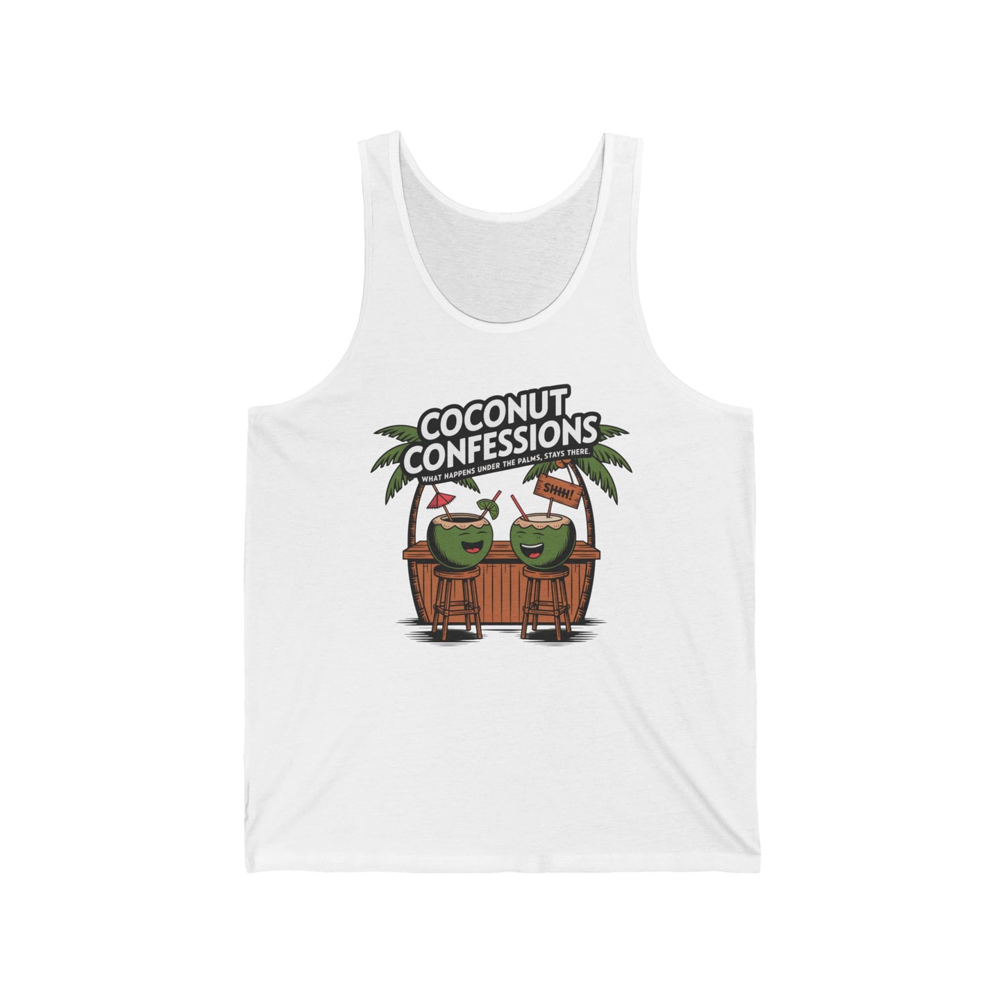 The Fun Coconut Confessions Unisex Jersey Tank features two coconuts with faces at a tiki bar under palm trees, holding drinks, with Coconut Confessions above them. Made from lightweight fabric—ideal for summer parties and beach vacations.