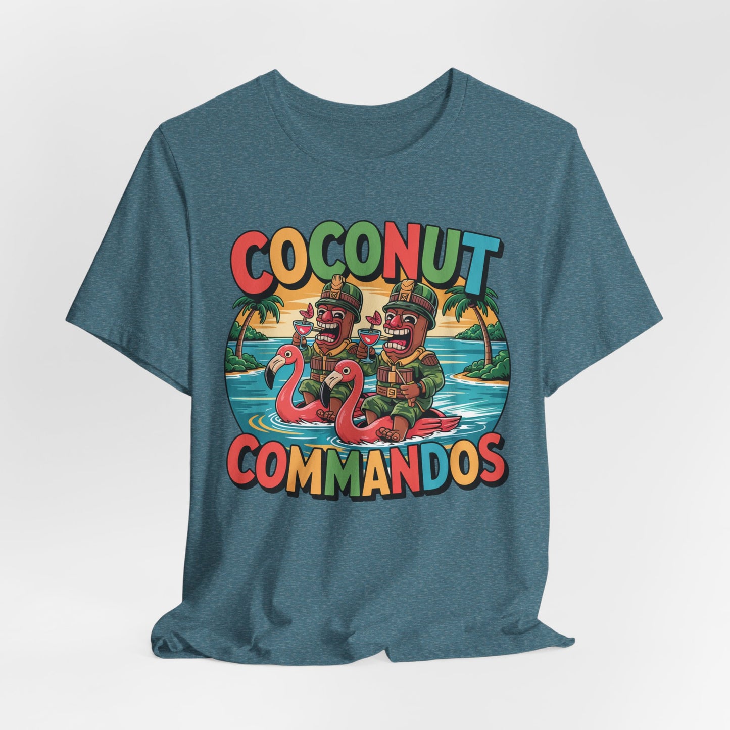 The Coconut Commandos Graphic Tiki T-Shirt features two cartoon soldiers in coconut helmets on pink flamingo floaties, palm trees, and bold text—perfect for a fun summer vibe and beach lovers.