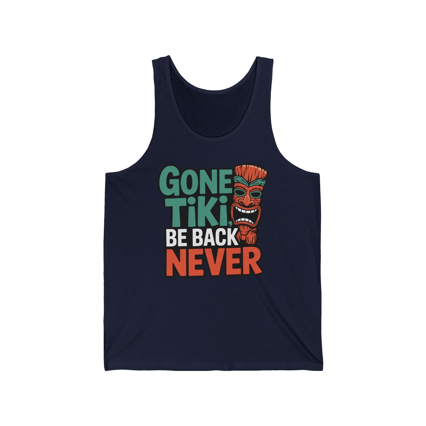 The Gone Tiki Unisex Jersey Tank features Gone Tiki, Be Back Never in green, white, and orange beside an orange Tiki mask—ideal for a summer vacation vibe at beach or pool parties.