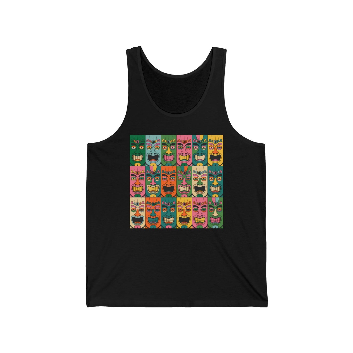 The Tropical Tiki Masks Unisex Jersey Tiki Tank Top features a vibrant grid of stylized tiki masks on lightweight fabric—perfect summer fashion for gatherings.
