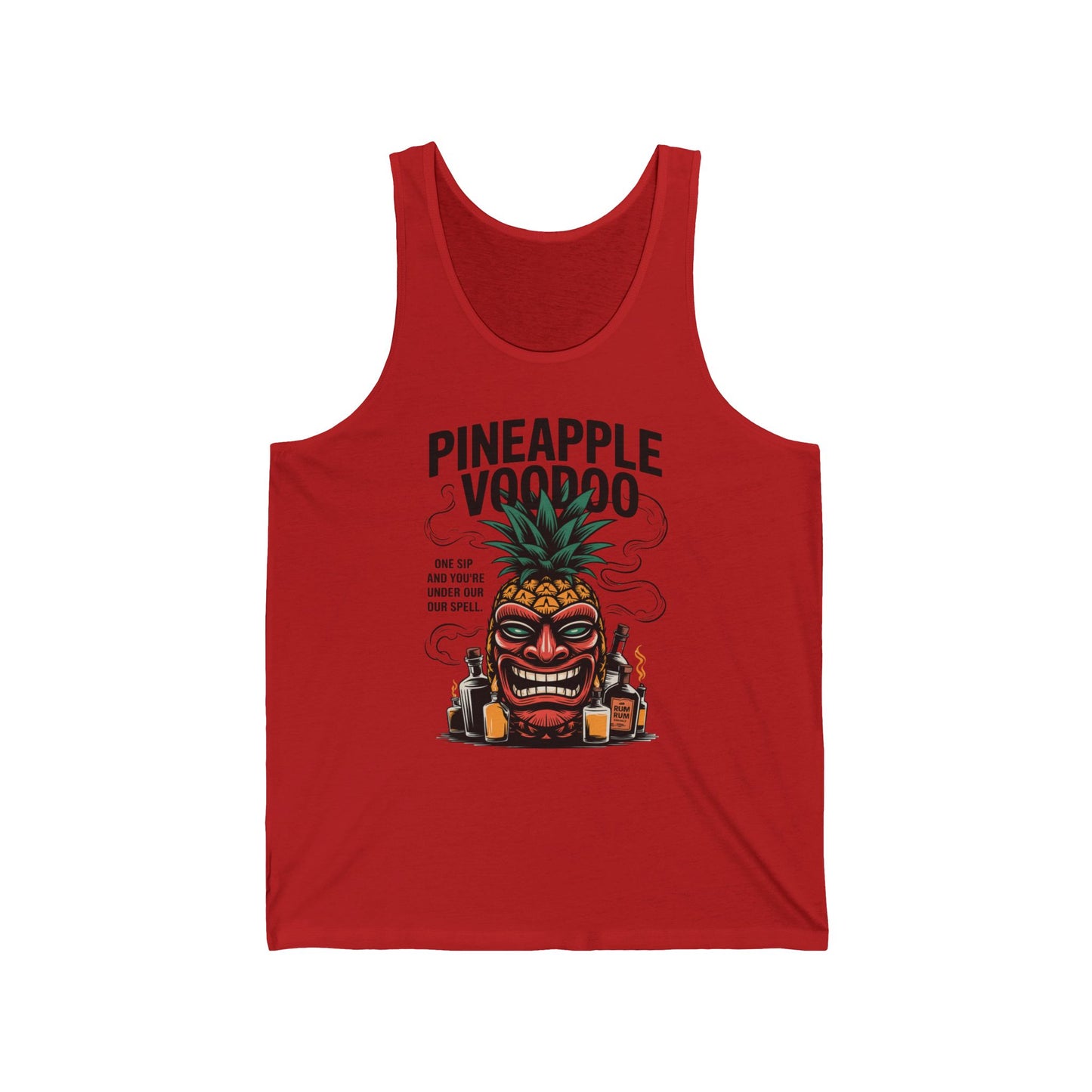 The Pineapple Voodoo Unisex Jersey Tank boasts a bold graphic of a tiki-style pineapple head with bottles and smoke, Pineapple Voodoo text above, perfect for beach parties and luau celebrations. Tropical summer vibe apparel for everyone.
