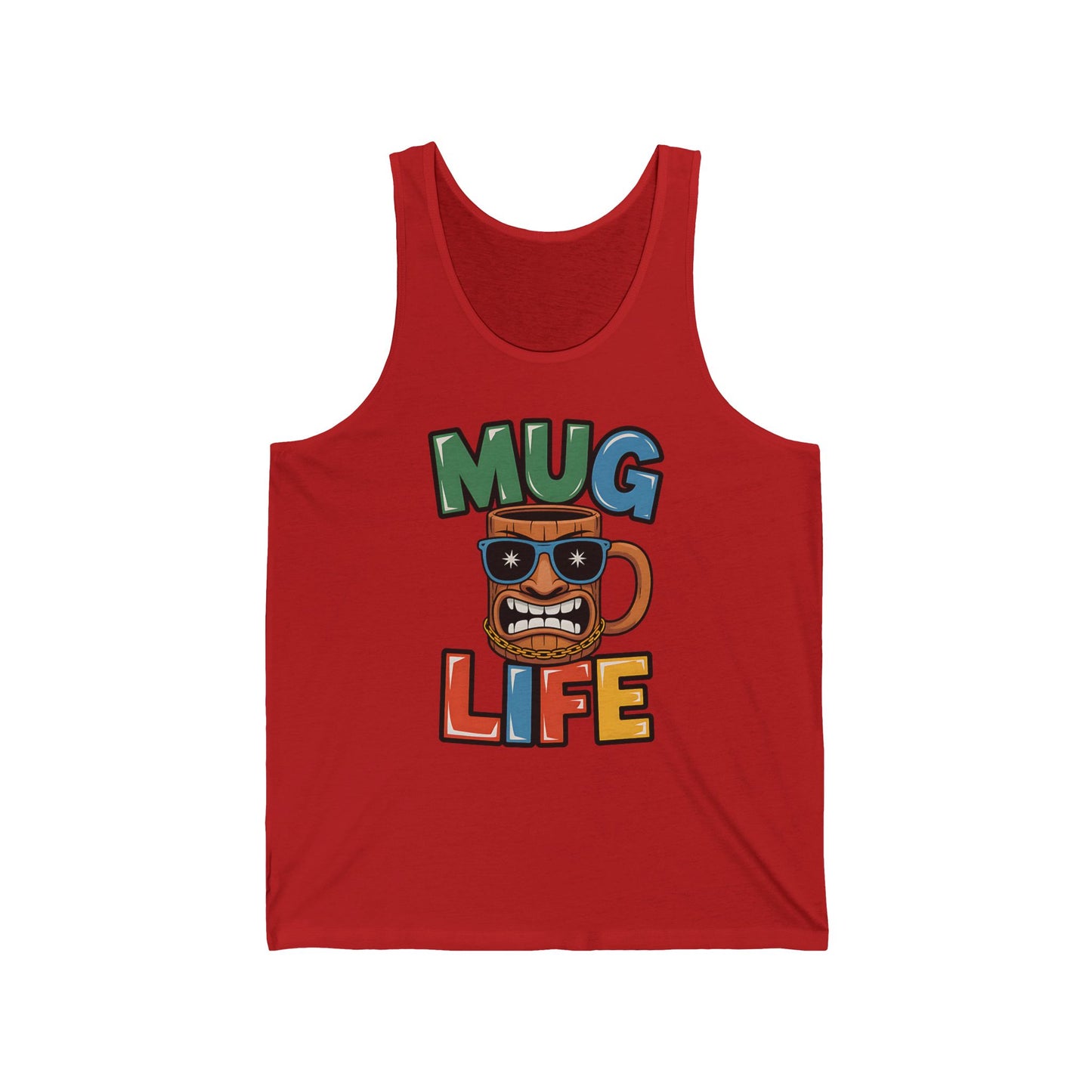 The Mug Life Unisex Jersey Tank is a vibrant red tank top with bold multicolored MUG LIFE text and an illustrated mug wearing sunglasses—fun summer apparel for Tiki lovers.