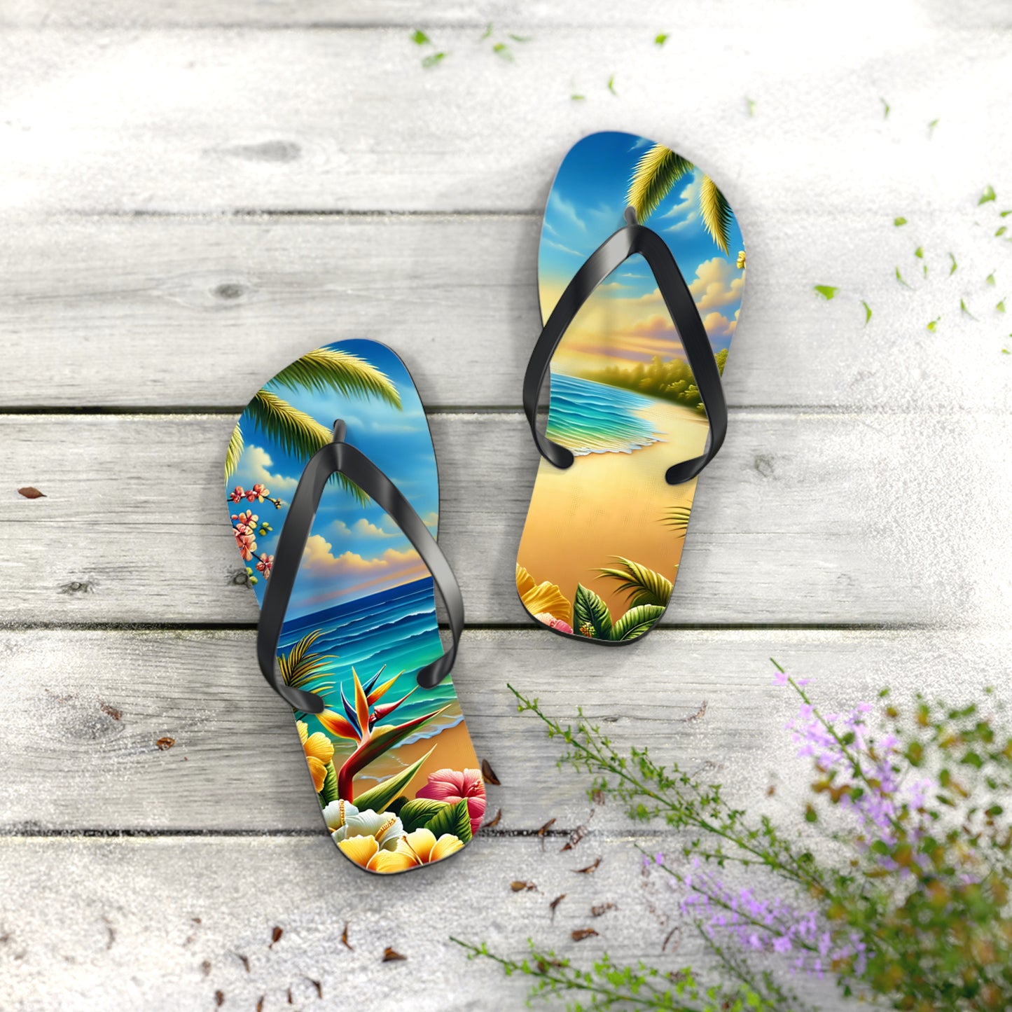 Tropical Paradise Flip Flops - Beach Vibe Sandals with Palm Trees & Ocean Scene