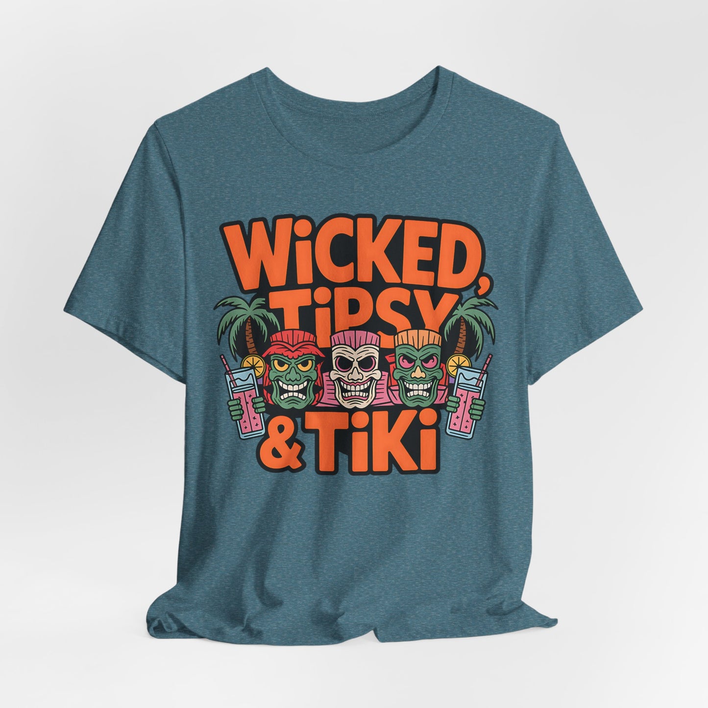 Blue t-shirt with 'Wicked, Tipsy & Tiki' graphic design on a light gray background
