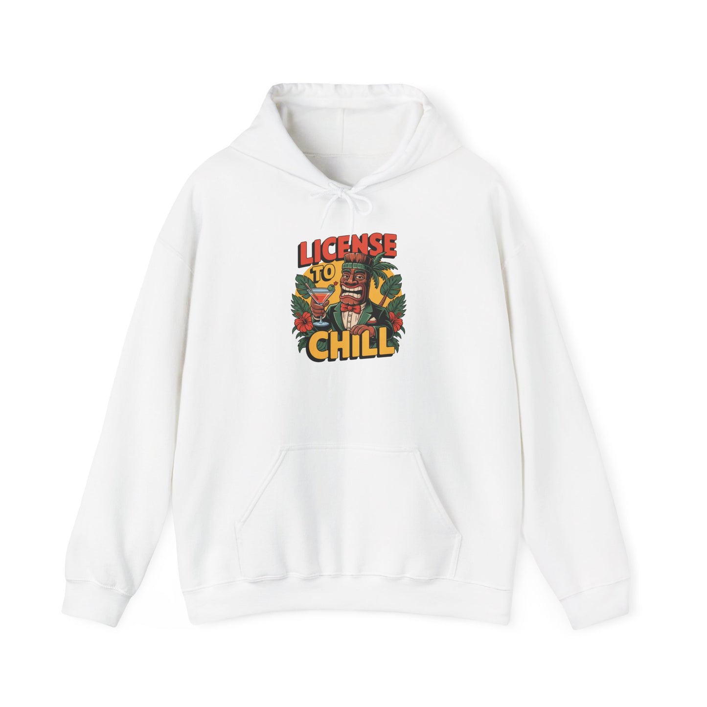 The License to Chill Hoodie is a unisex heavy blend sweatshirt featuring a relaxed fit, front pocket, drawstring hood, and a vibrant tropical “LICENSE TO CHILL” graphic—perfect for relaxation and fun in any versatile wardrobe.