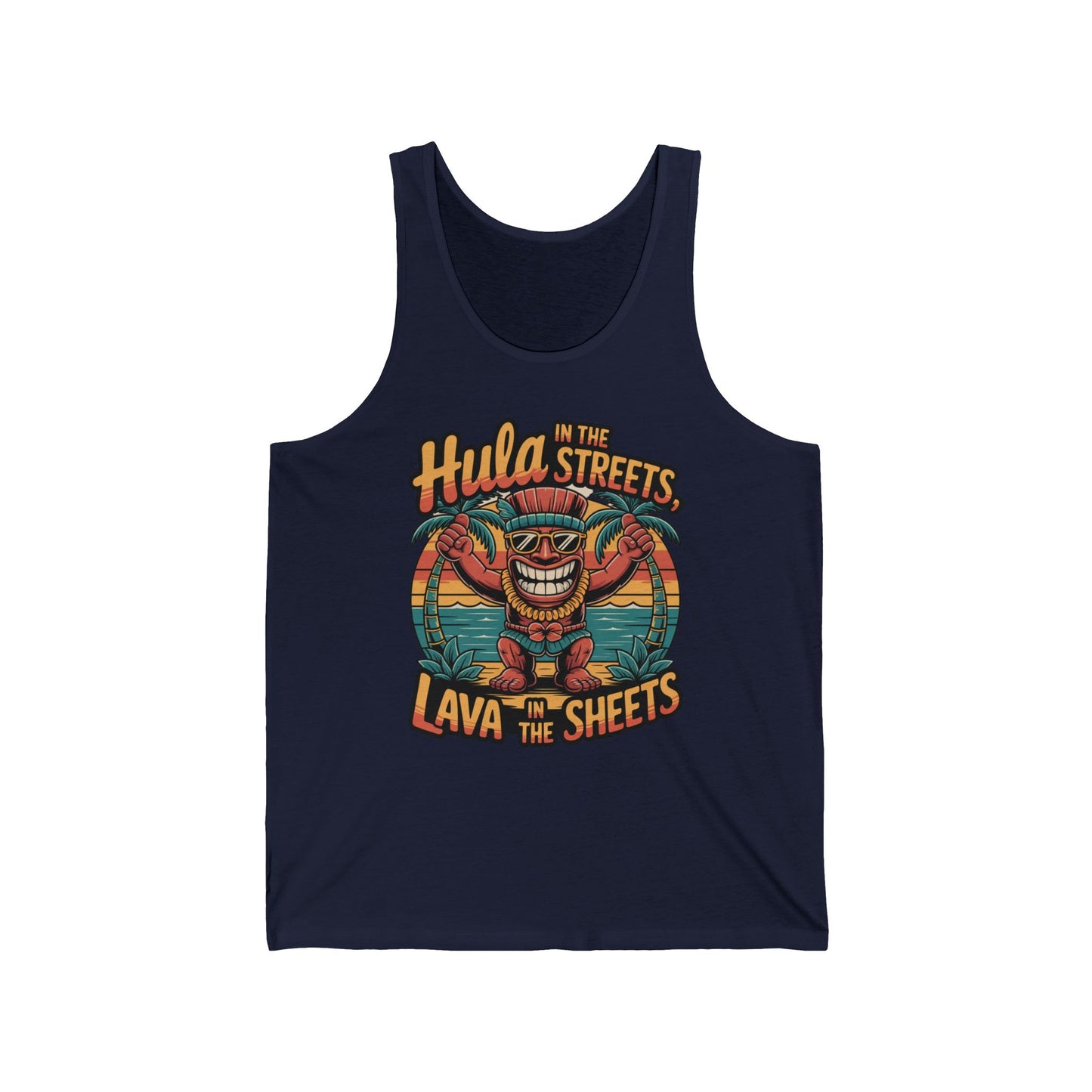 The Hula in the Streets Lava in the Sheets Unisex Jersey Tank - Summer Vibes Tank Top is a navy blue tank, made from soft Airlume cotton, featuring a dancing tiki and playful phrase—ideal for summer fun.