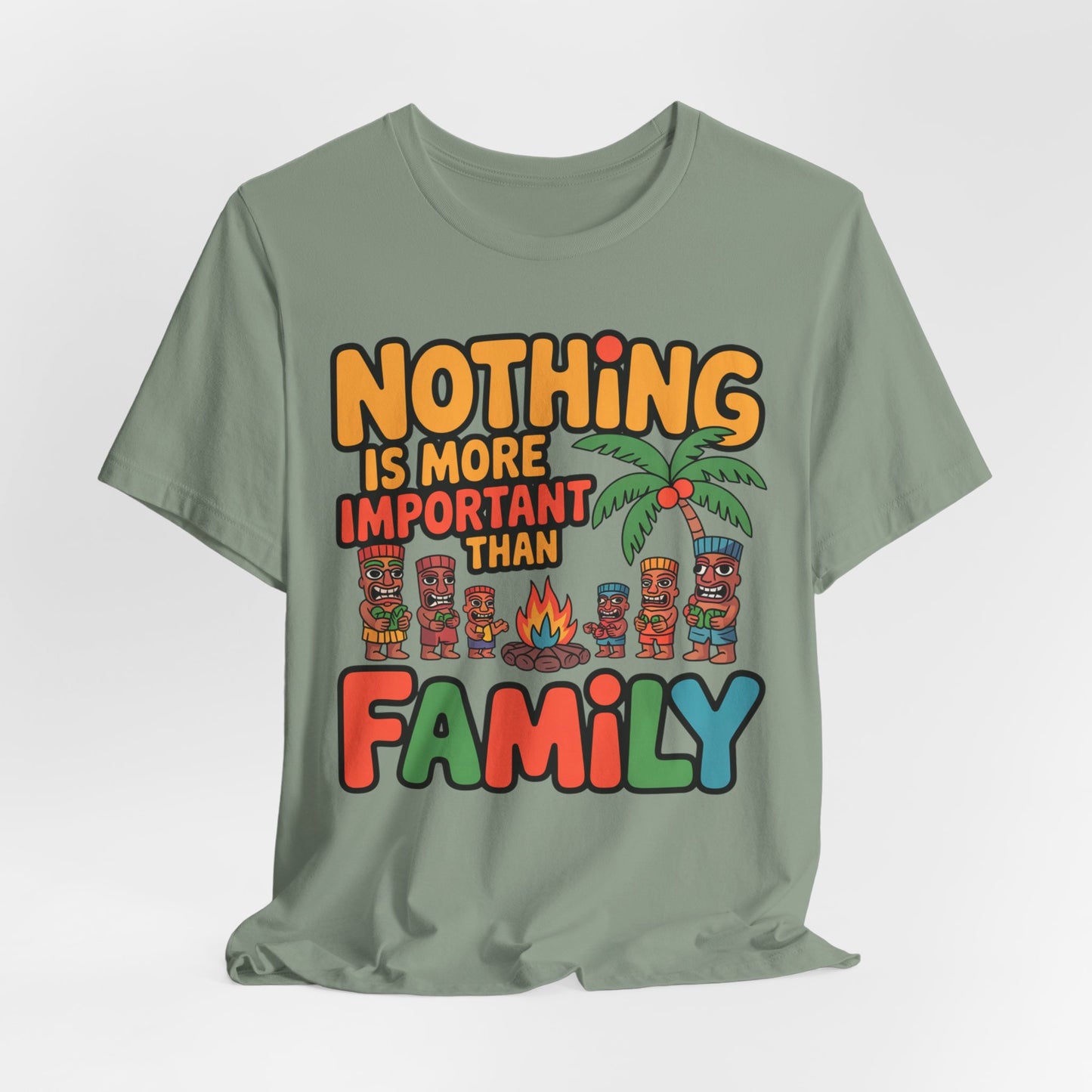 The Family Tiki Tee - Nothing is More Important Than Family Unisex T-Shirt features playful cartoon characters, a palm tree, and campfire on light green fabric—perfect for family reunions or tropical gatherings.