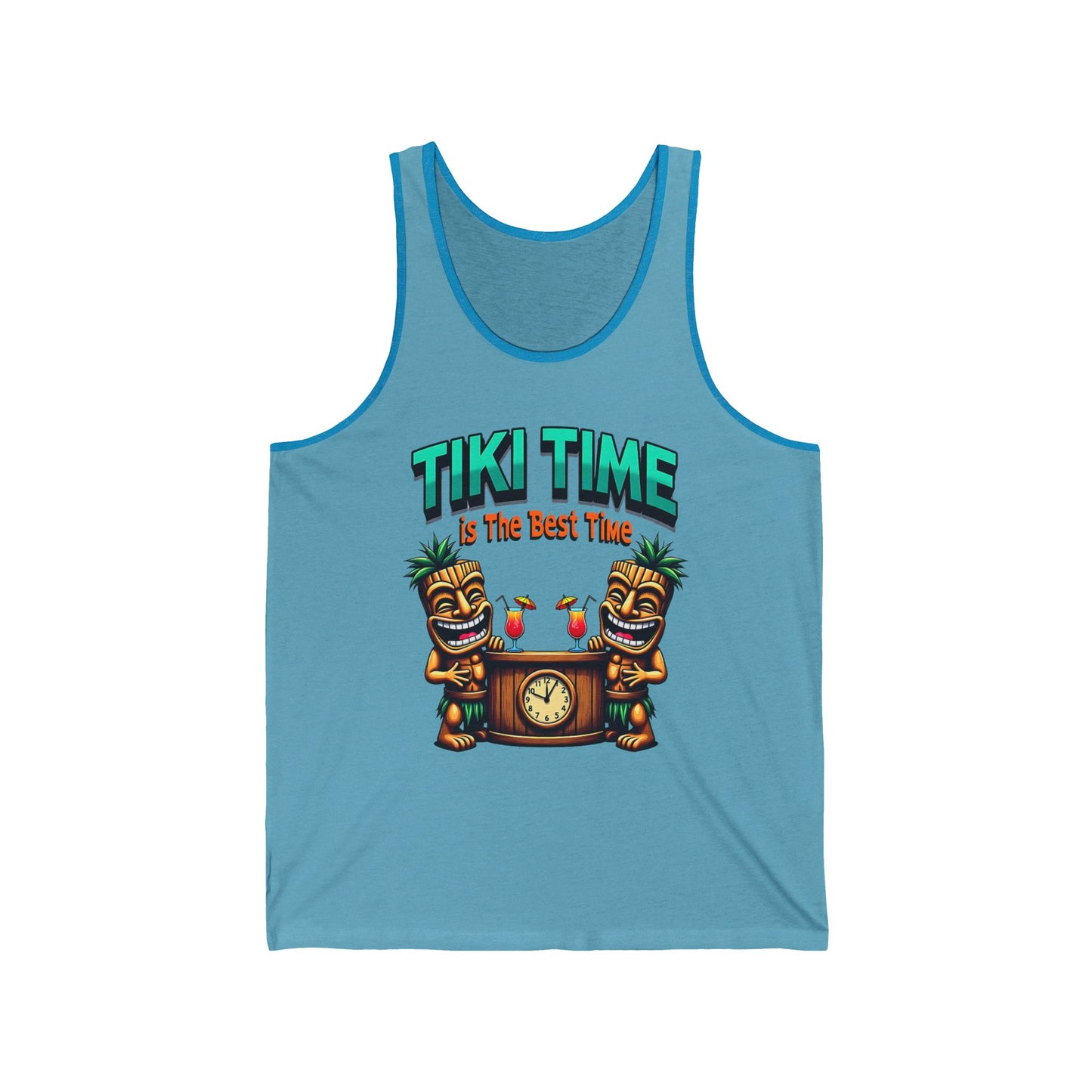 The Tiki Time Unisex Jersey Tiki Tank Top - Perfect for Summer Celebrations features two smiling tiki figures with drinks by a clock and “Tiki Time is The Best Time” text—your go-to relaxed-fit essential for summer fun.