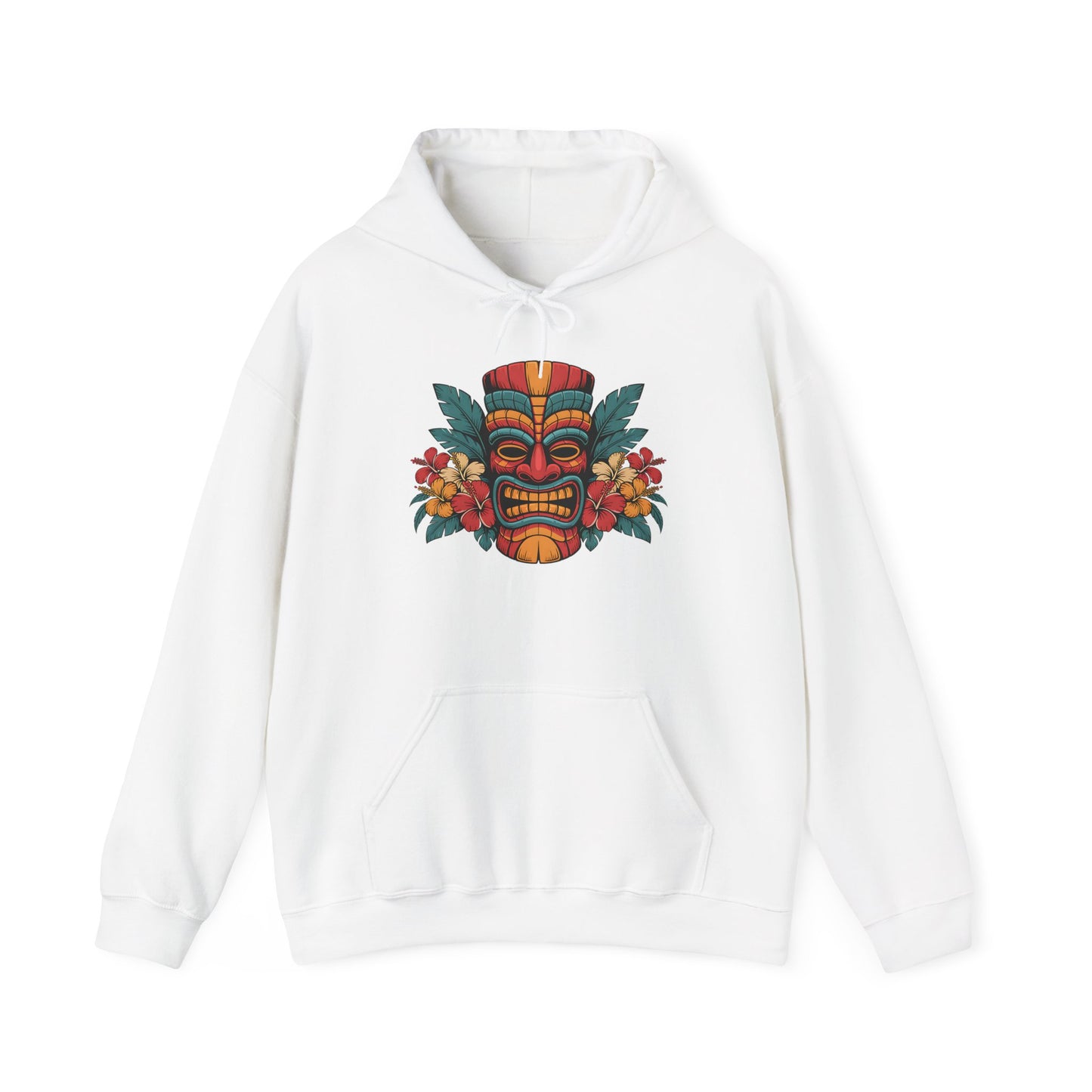 The Tropical Tiki Hooded Sweatshirt - Unisex Heavy Blend™ features a vibrant Tiki mask with green leaves and orange flowers, perfect for cozy evenings or adding flair to your style. Shown on a plain white background.