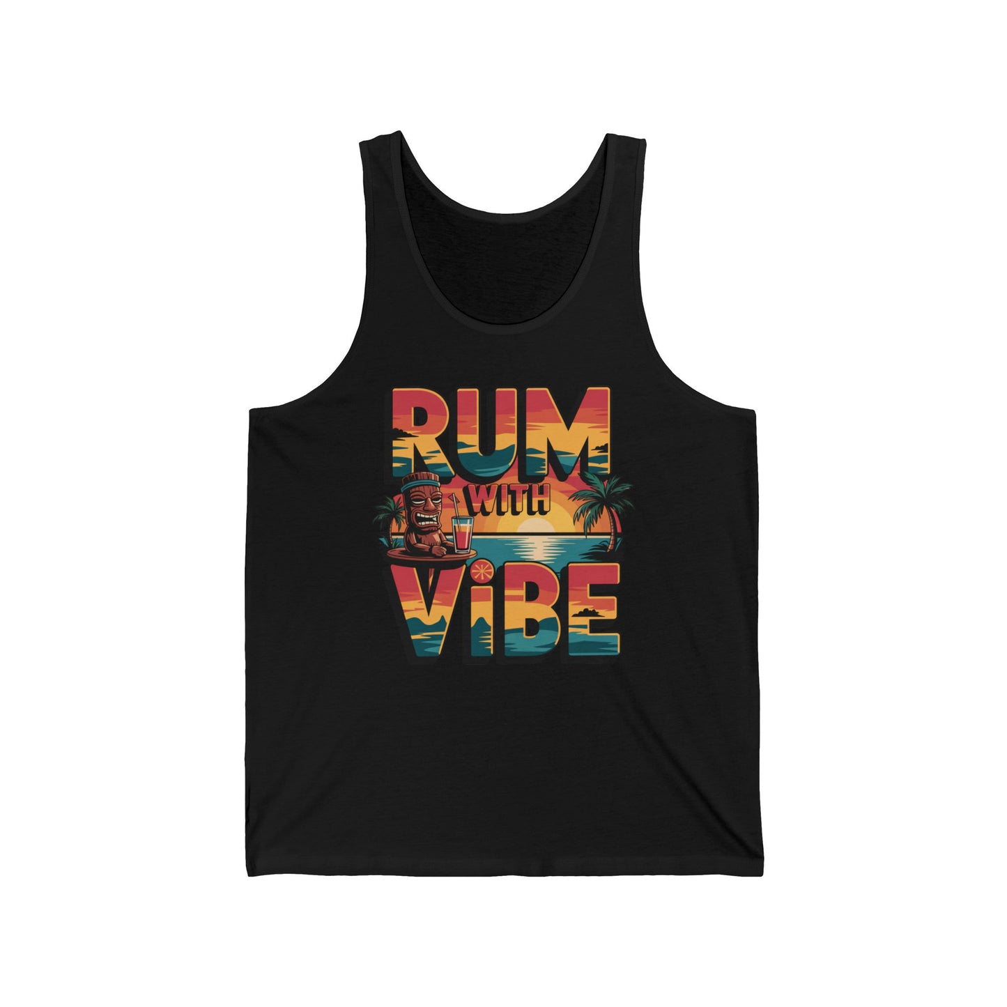 Stay cool in the Rum with Vibe Tropical Summer Aesthetic Tiki Tank Top—black, unisex, and lightweight with bold tropical lettering, a sunset, palm trees, and tiki drink graphics. Perfect for summer parties!.
