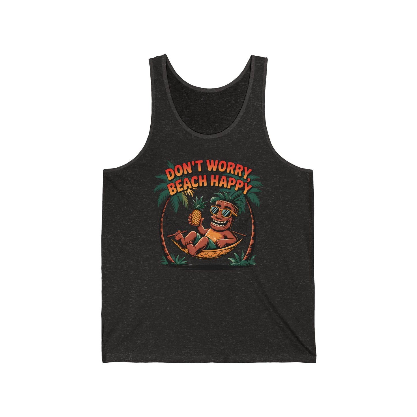 The Beach Vibes Unisex Jersey Tiki Tank Top - Dont Worry Beach Happy features a smiling pineapple lounging in a hammock with sunglasses, drink, palm trees, and bold text—perfect for summer fun.