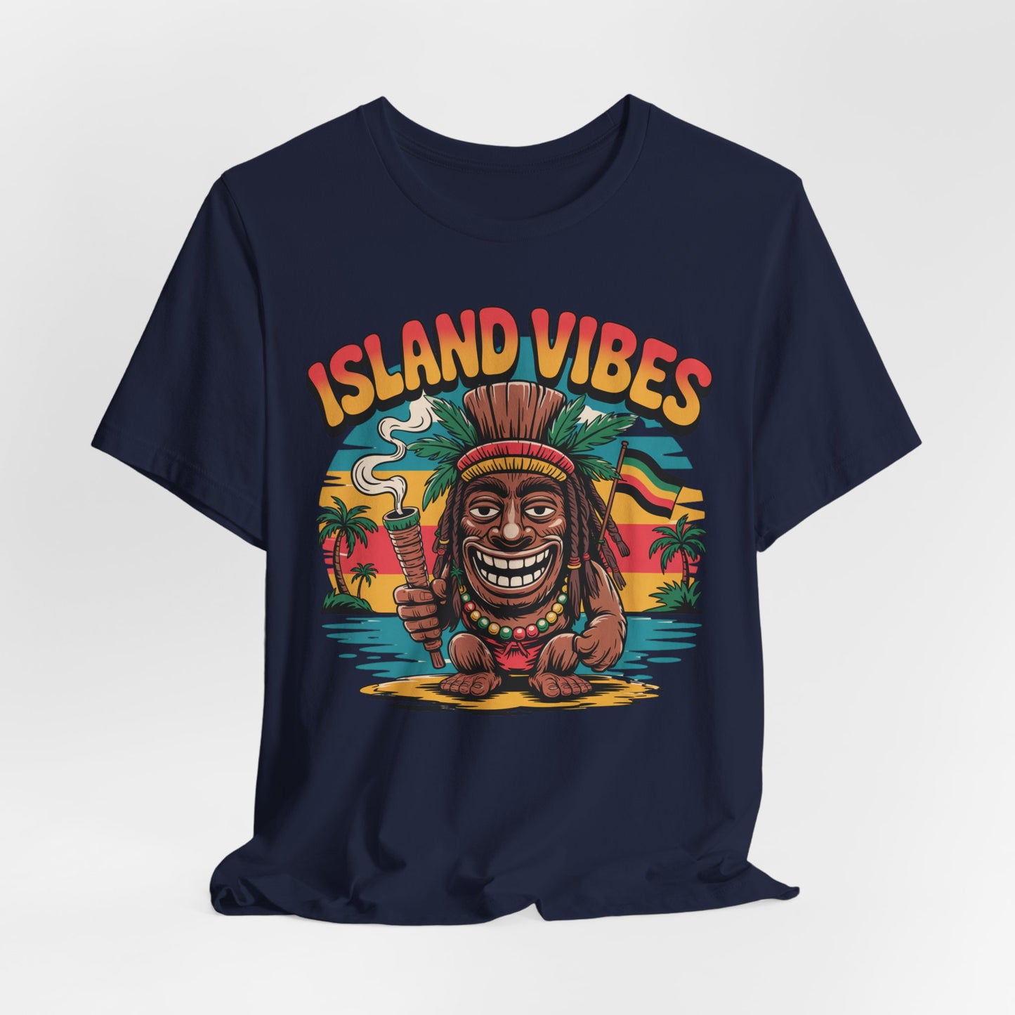The Island Vibes Unisex Jersey Tiki T-Shirt showcases a smiling cartoon tiki holding an ice cream under palm trees and a sunset, with bold “ISLAND VIBES” lettering—ideal for vacation, summer fun, and casual gatherings.