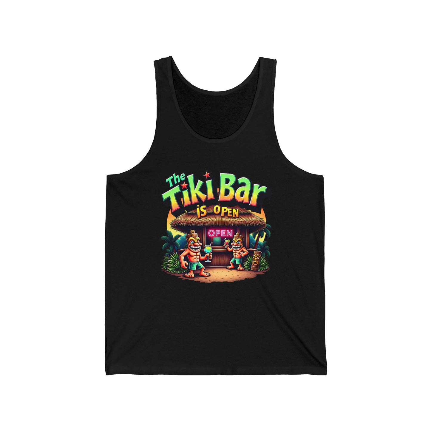 The Tiki Bar Unisex Jersey Tiki Tank Top boasts a vibrant tiki bar design with cartoon figures and palm leaves plus The Tiki Bar is Open text. Lightweight fabric ensures comfort—ideal summer style for beach lovers and casual outings.