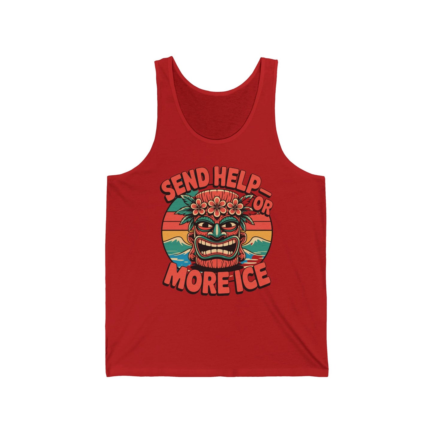 The Send Help or More Ice Summer Vibe Tiki Tank Top is a red unisex jersey with a tiki mask, flower crown, tropical trees, and sunset—made from comfortable blend fabric and finished with bold text for a fun summer vibe.