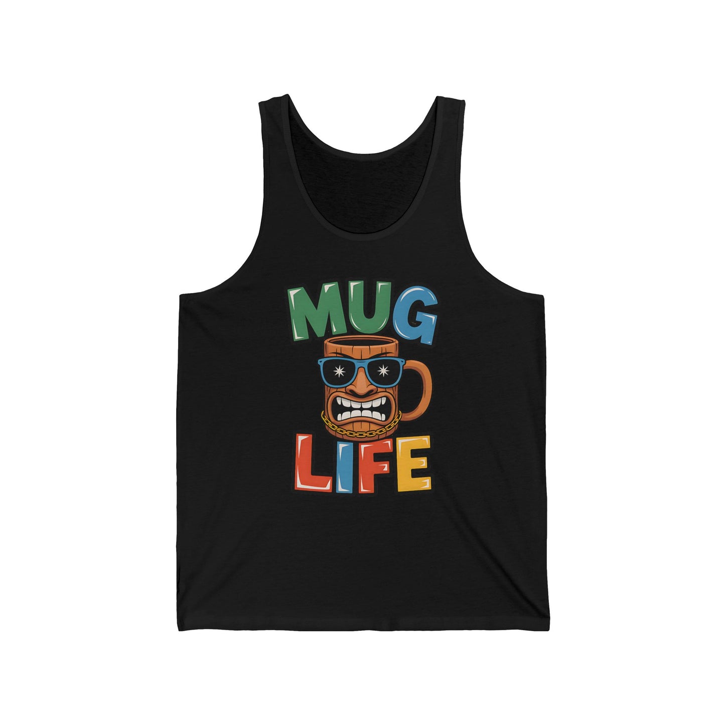 The Mug Life Unisex Jersey Tank is a fun summer top for Tiki lovers, featuring colorful Mug Life text above and below an illustrated mug with sunglasses and a playful face.