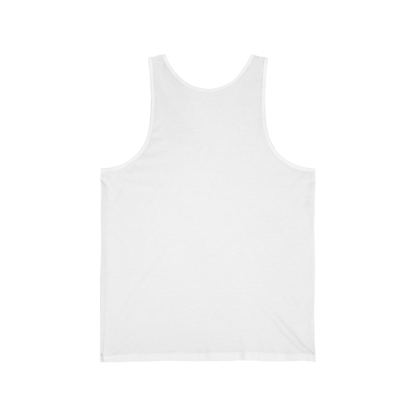 The Beach Vibes Unisex Jersey Tiki Tank Top - Dont Worry Beach Happy is shown laid flat, back side up, on a white background. Its lightweight fabric makes it ideal for summer adventures.