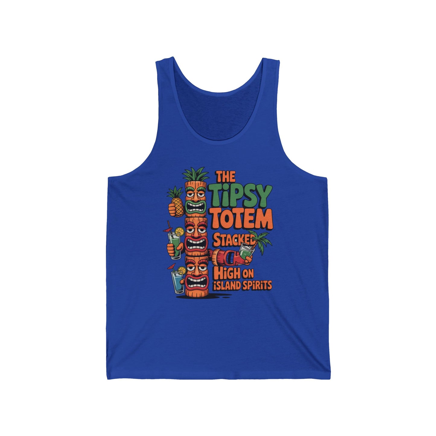 The Tipsy Totem Unisex Jersey Tiki Tank Top - High on Island Spirits features a vibrant print of three stacked tiki totems with drinks and text, perfect for showcasing your island vibes and passion for tropical spirits.