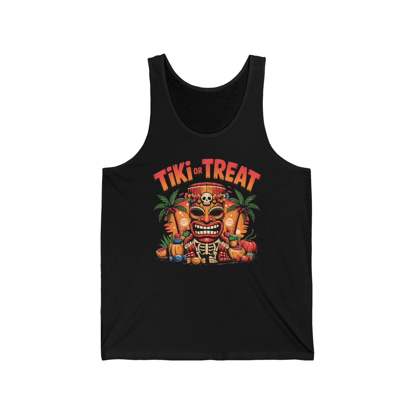 The Tiki Treat Unisex Jersey Tiki Tank Top is a fun Halloween tee featuring a vibrant tiki mask with pumpkins, skulls, fruit, and palm trees. “Tiki or Treat” pops in orange—perfect for parties and summer celebrations.