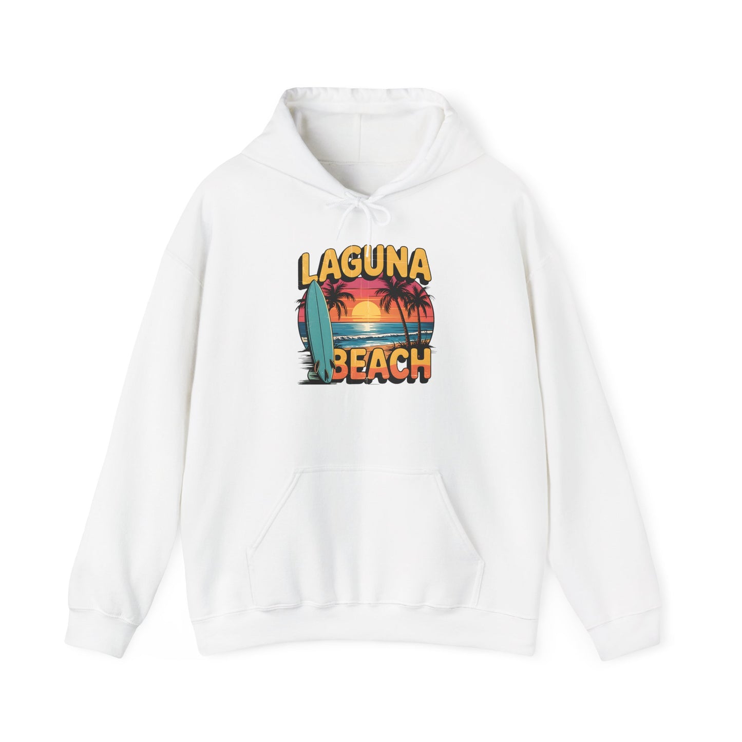 The Laguna Beach Sunset Hoodie for Beach Lovers features a vibrant sunset, palm trees, and surfboard graphic. This unisex hoodie includes a front pocket and drawstring hood—perfect for adding beach vibes to any casual outfit.