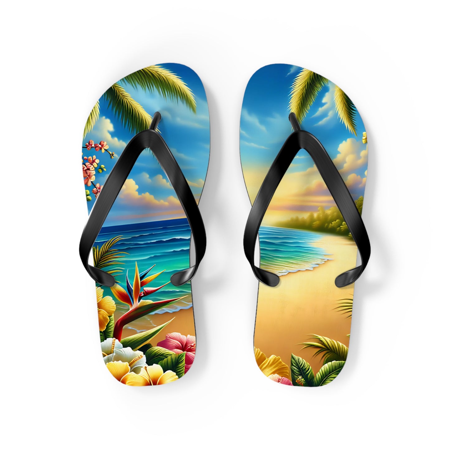 Tropical Paradise Flip Flops - Beach Vibe Sandals with Palm Trees & Ocean Scene
