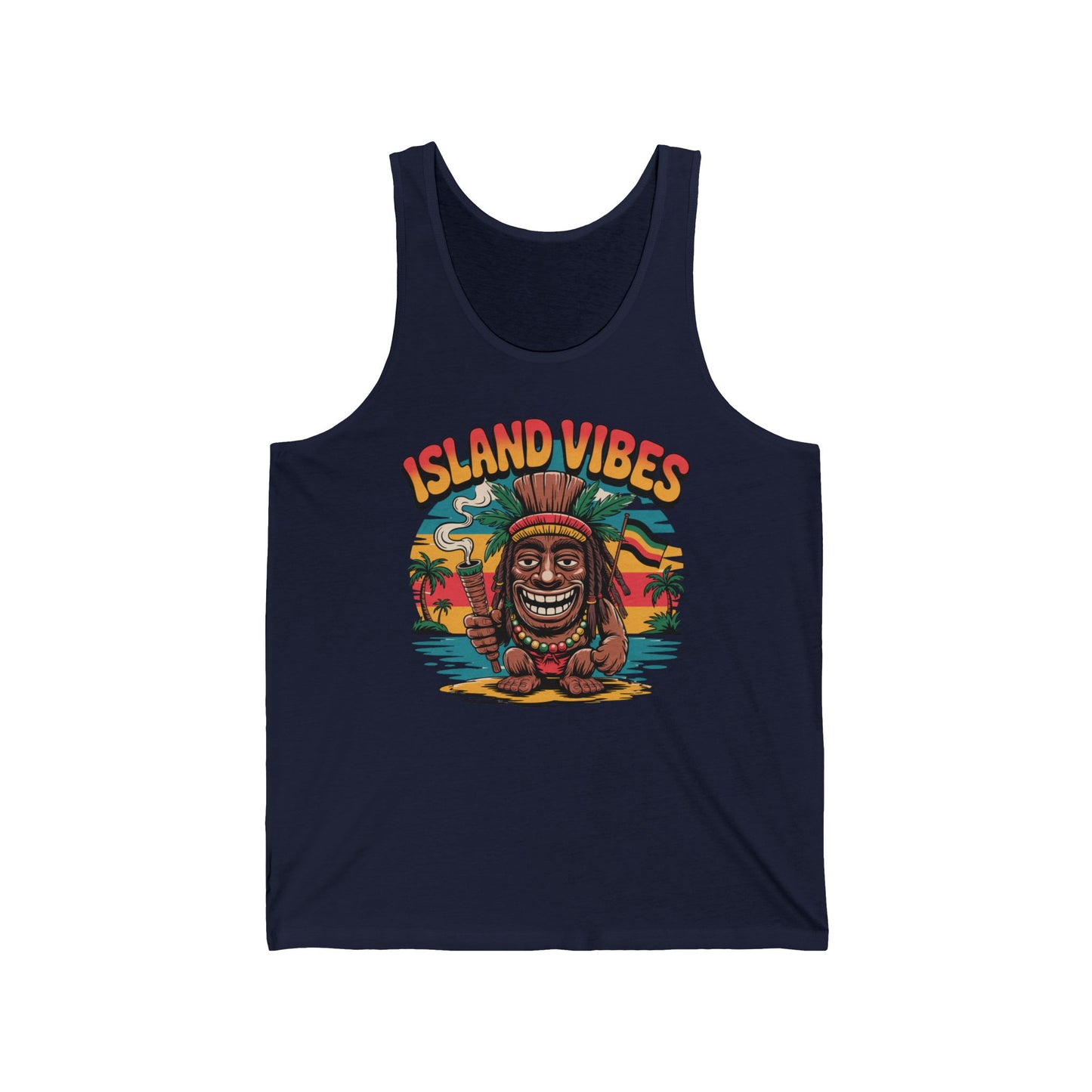 The Island Vibes Unisex Jersey Tiki Tank Top features a vibrant tiki statue graphic with beach, palm trees, and sunset—crafted from lightweight fabric, it’s perfect for beach days and summer celebrations.