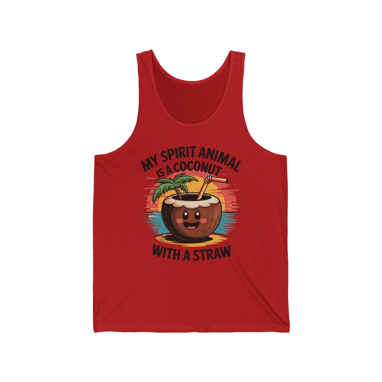 Make a bold statement with the My Spirit Animal Coconut Unisex Jersey Tank—featuring a happy coconut drink with a face, straw, and palm tree in red. Text: My spirit animal is a coconut with a straw. Perfect for fun summer vibes!.