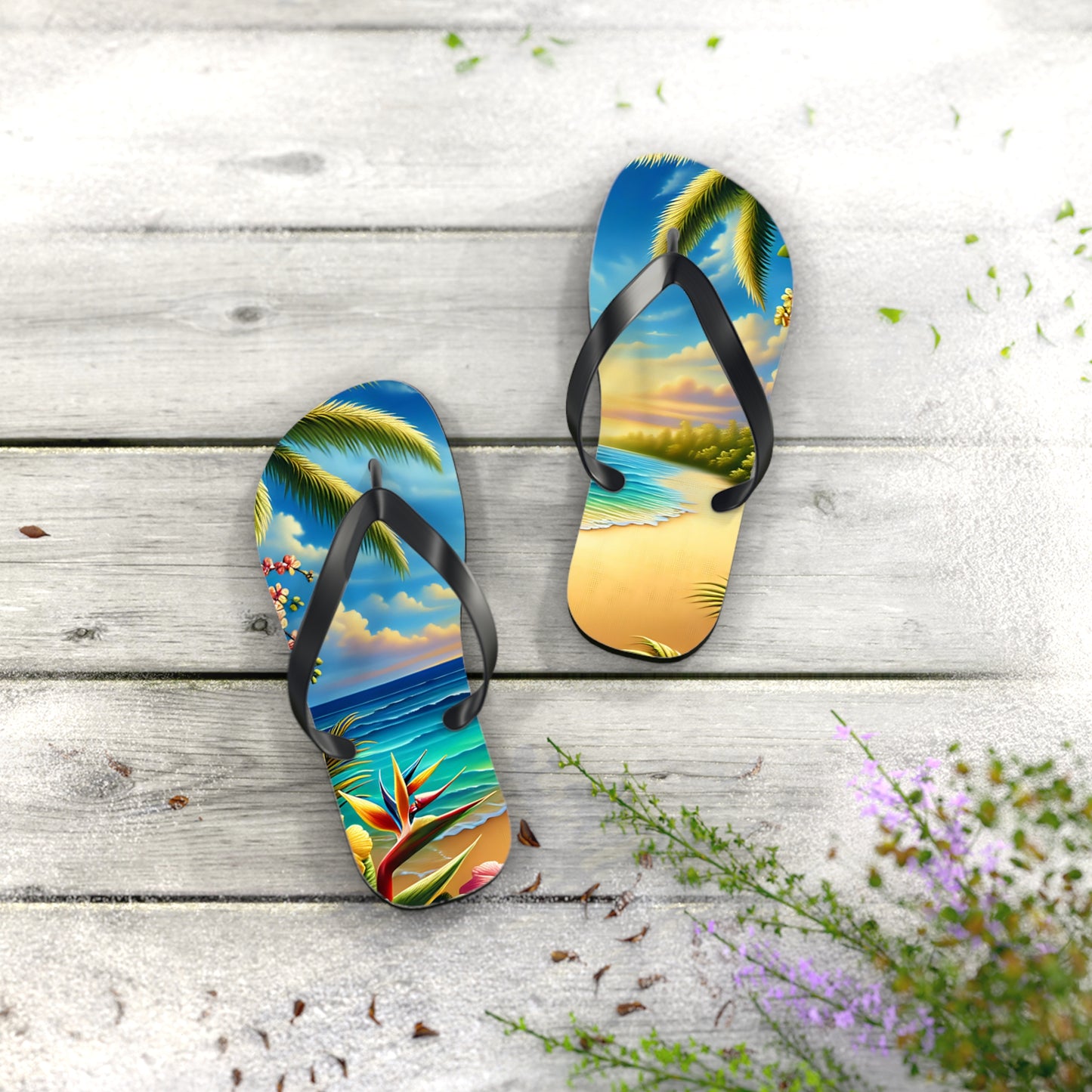 Tropical Paradise Flip Flops - Beach Vibe Sandals with Palm Trees & Ocean Scene