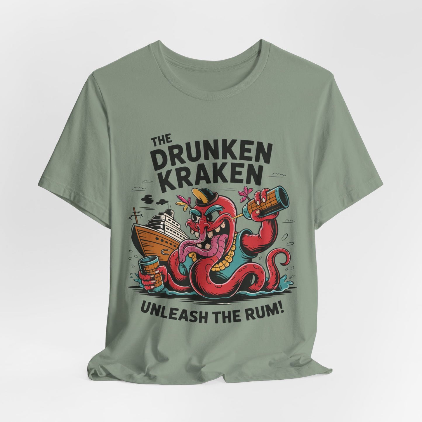 The Drunken Kraken Unisex Tiki T-Shirts - Unleash the Rum Graphic features a cartoon kraken with rum barrel and ship, plus bold The Drunken Kraken and Unleash the Rum!—perfect for summer fun or nautical adventures.