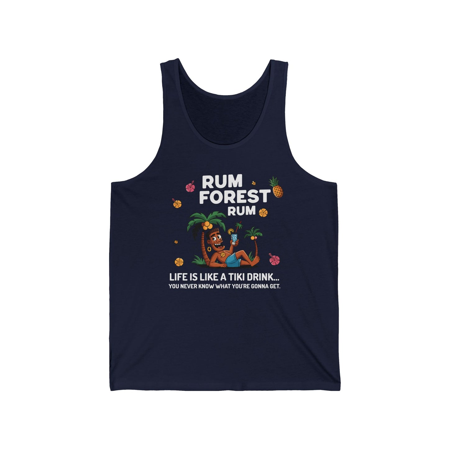 The Rum Forest Jersey Tiki Tank Top - Life is Like a Tiki Drink features lightweight, comfy navy blue fabric and a cartoon tiki with a drink and tropical accents. A carefree design for embracing life’s surprises! Text: Rum Forest Rum.