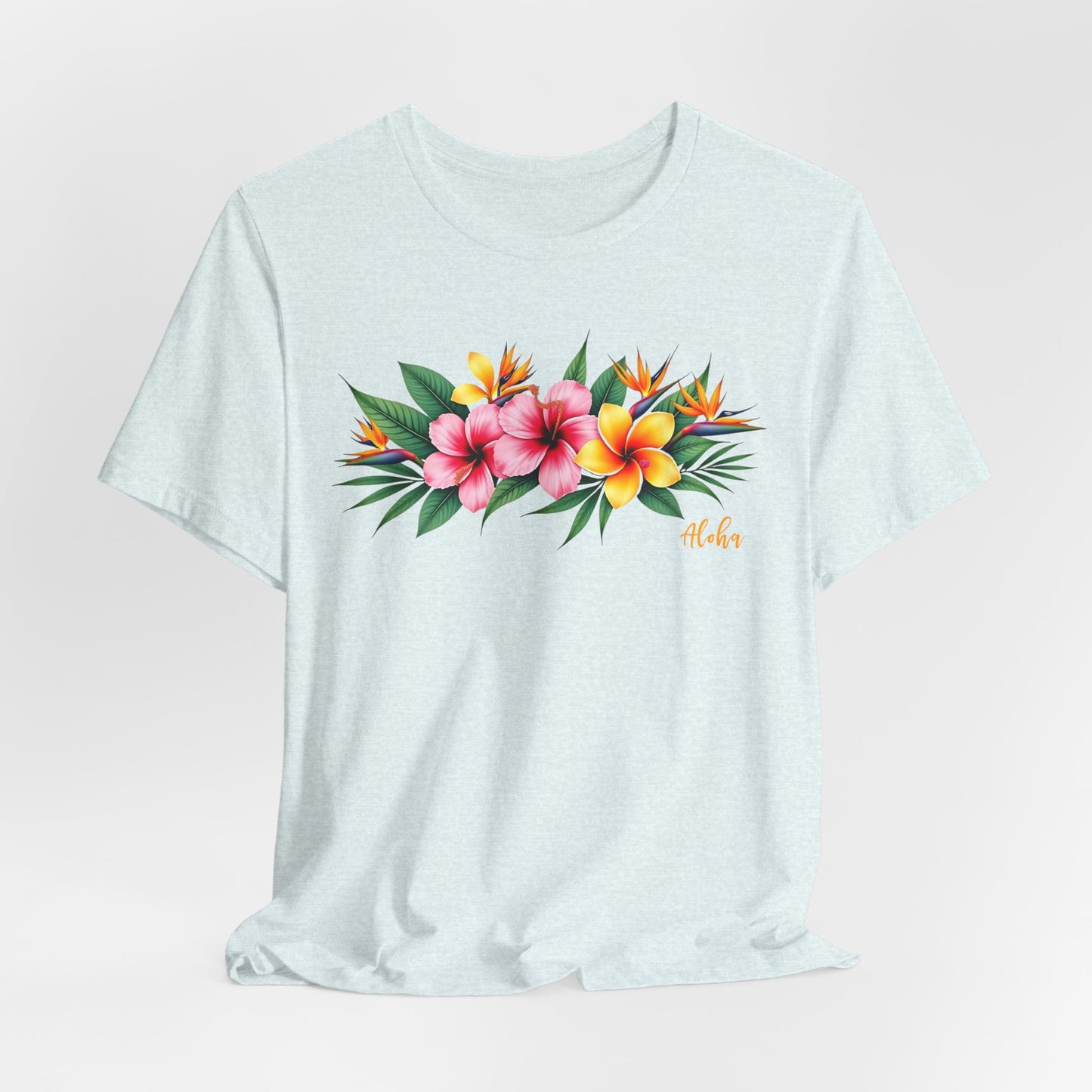 The Tropical Floral Unisex Jersey T-Shirt - Perfect for Summer Vibes features a colorful hibiscus and plumeria floral print with Aloha in orange script on soft gray Airlume combed cotton—ideal for a vibrant summer look.