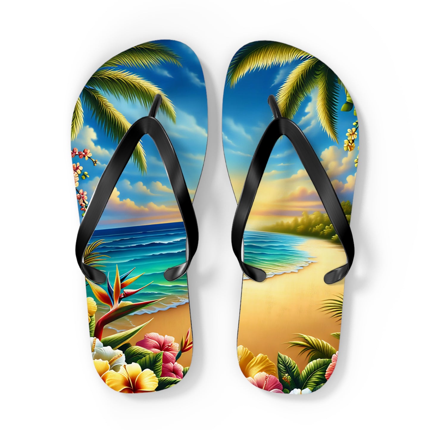 Tropical Paradise Flip Flops - Beach Vibe Sandals with Palm Trees & Ocean Scene