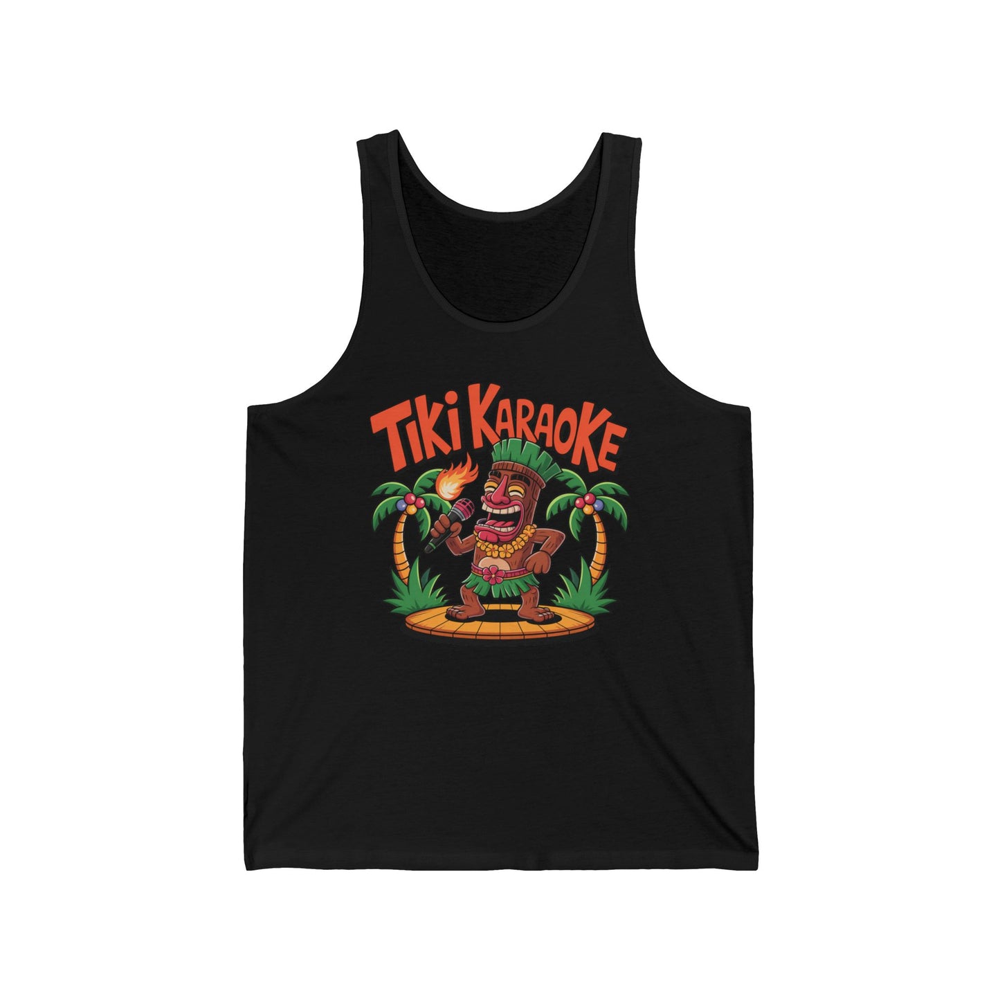 The Tiki Karaoke Unisex Jersey Tiki Tank Top features a lightweight fabric and a vibrant cartoon tiki with a mic and torch under palm trees, plus “Tiki Karaoke” text—ideal for summer fun.