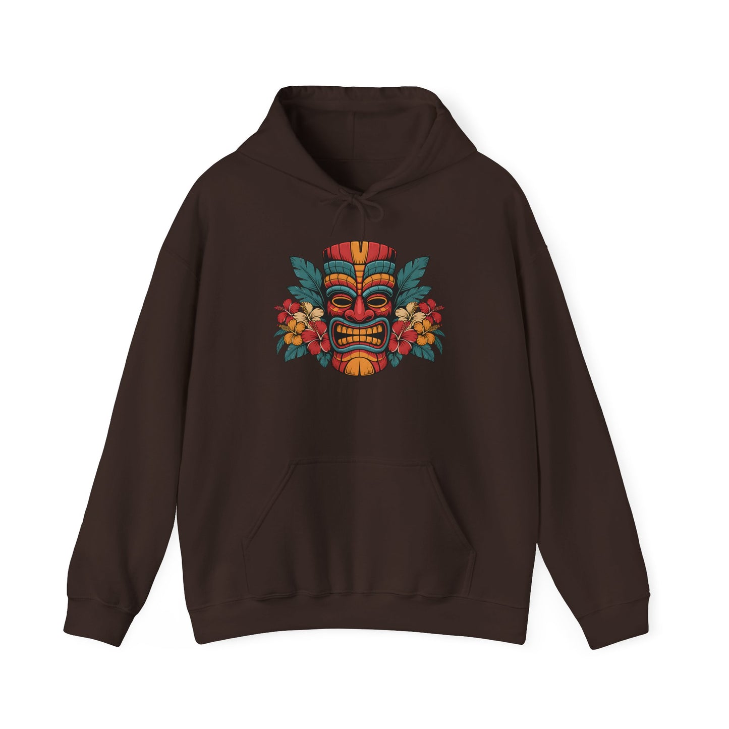 The Tropical Tiki Hooded Sweatshirt - Unisex Heavy Blend™ is a dark brown hoodie with a vibrant Tiki mask, leaves, and flowers design, ideal for cozy evenings. Shown on a plain white background.