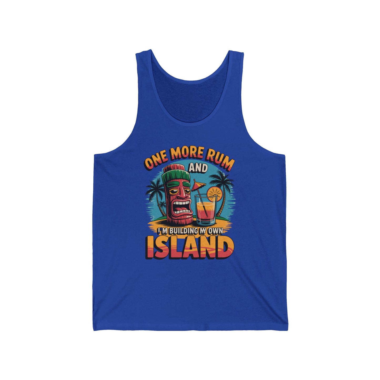 The Tropical Building My Own Island Tank Top features a blue unisex design with a tiki face, palm trees, and cocktail art. Lightweight fabric for comfort, perfect for summer vacations and beach parties. Text reads: ONE MORE RUM AND IM BUILDING MY OWN ISLAND.