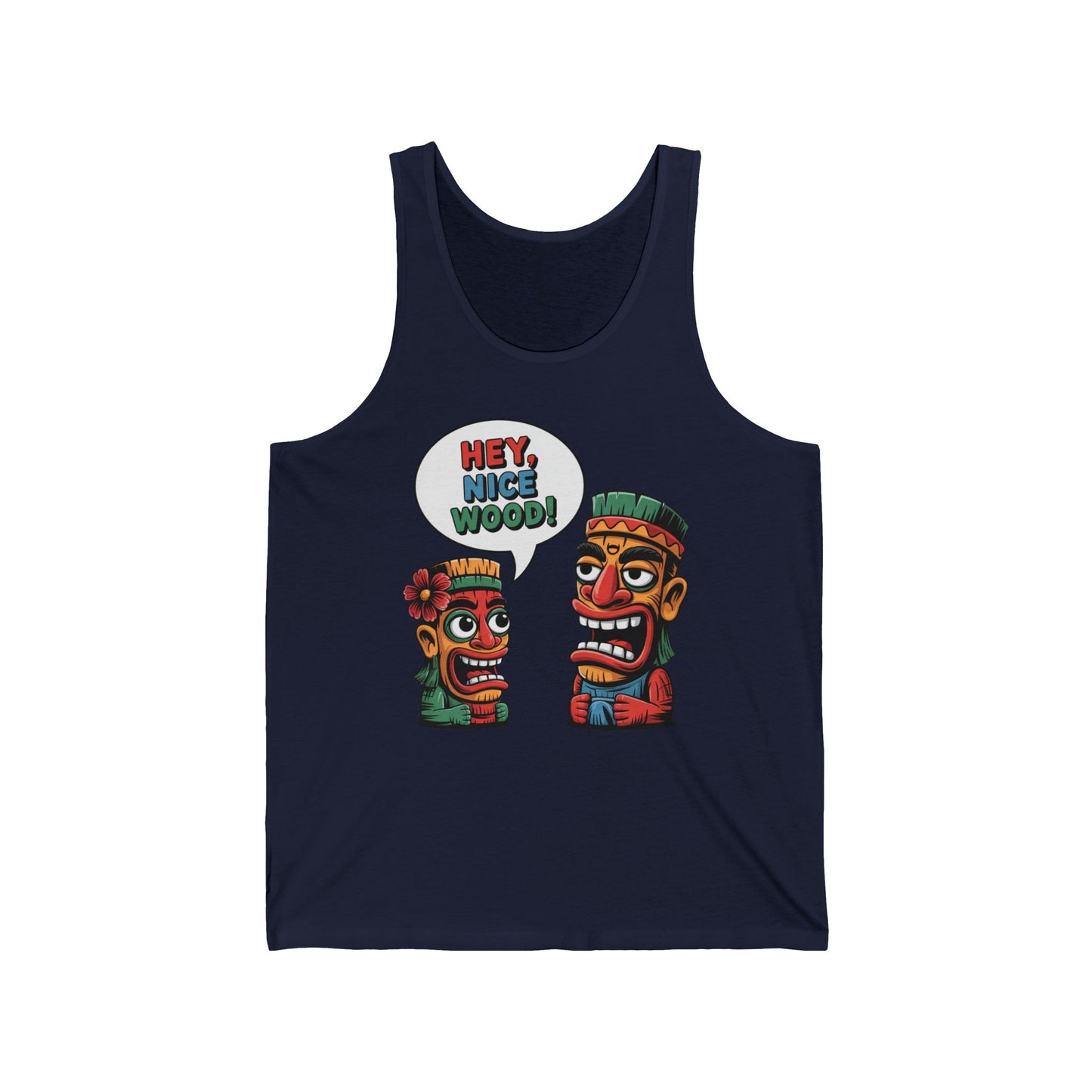 Add beach vibes to your style with the Tank Top - Hey, Nice Wood- Beach Vibes Funny Tiki Tank Top, featuring two cartoon tiki heads and a playful HEY, NICE WOOD!—perfect for Hawaiian parties or casual summer fun.