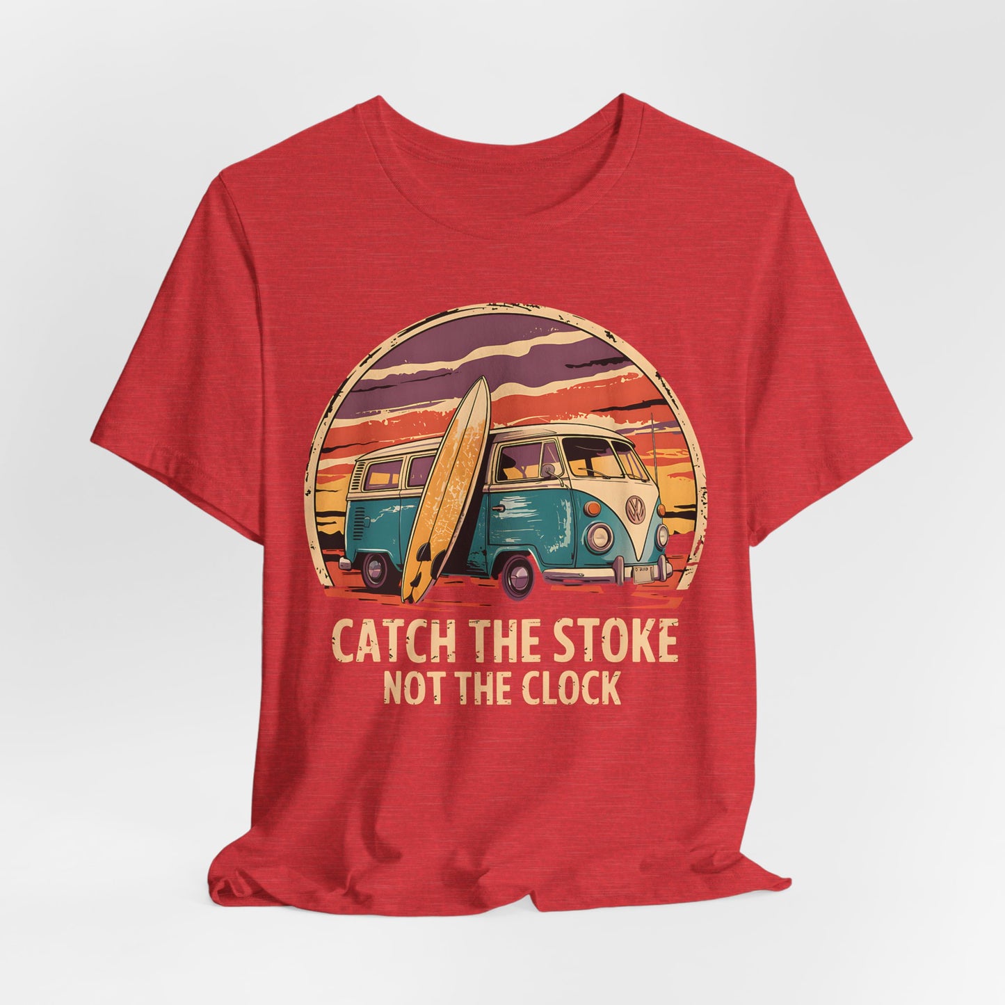 The Catch the Stoke Surf Tee—Unisex Jersey Short Sleeve T-Shirt features a retro van, surfboard, and sunset graphic. Made from breathable cotton with “Catch the Stoke Not the Clock” text. Perfect for surf culture fans.