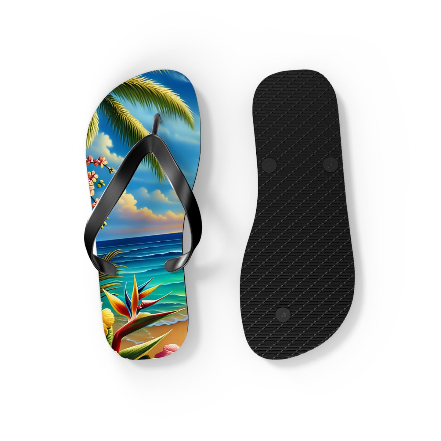 Tropical Paradise Flip Flops - Beach Vibe Sandals with Palm Trees & Ocean Scene