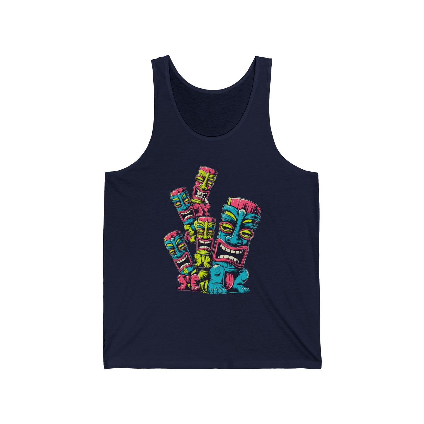 The Colorful Tiki Unisex Jersey Tank Top features a vibrant graphic of four stacked tiki masks—pink, yellow, blue, and green—ideal for adding flair to your summer vibe or tropical beachwear wardrobe.