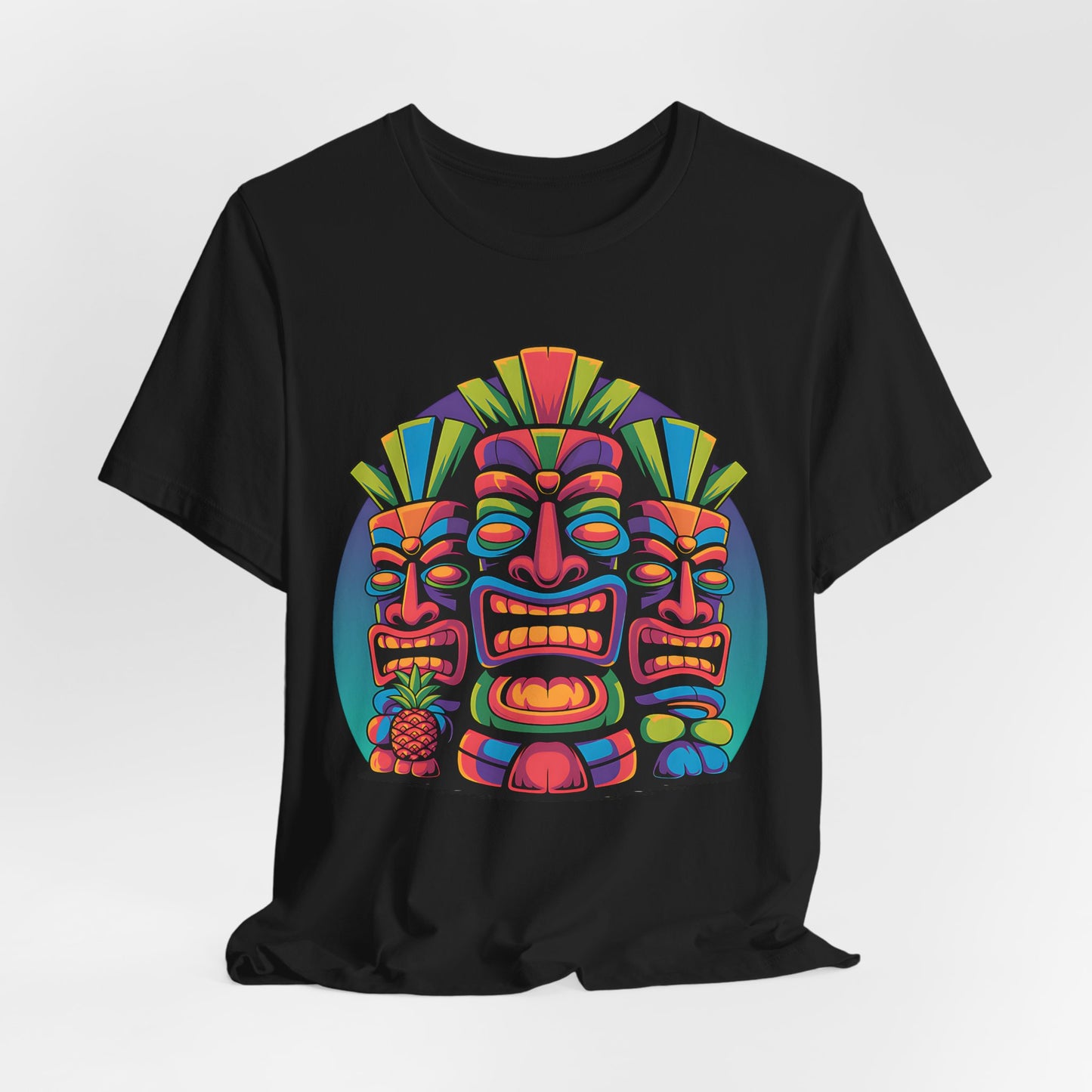 The Vibrant Tribal Mask Tiki T-Shirt - Unisex Short Sleeve Tiki T-Shirt features three bold tribal masks, geometric accents, and a small pineapple—a standout piece for any casual wardrobe.