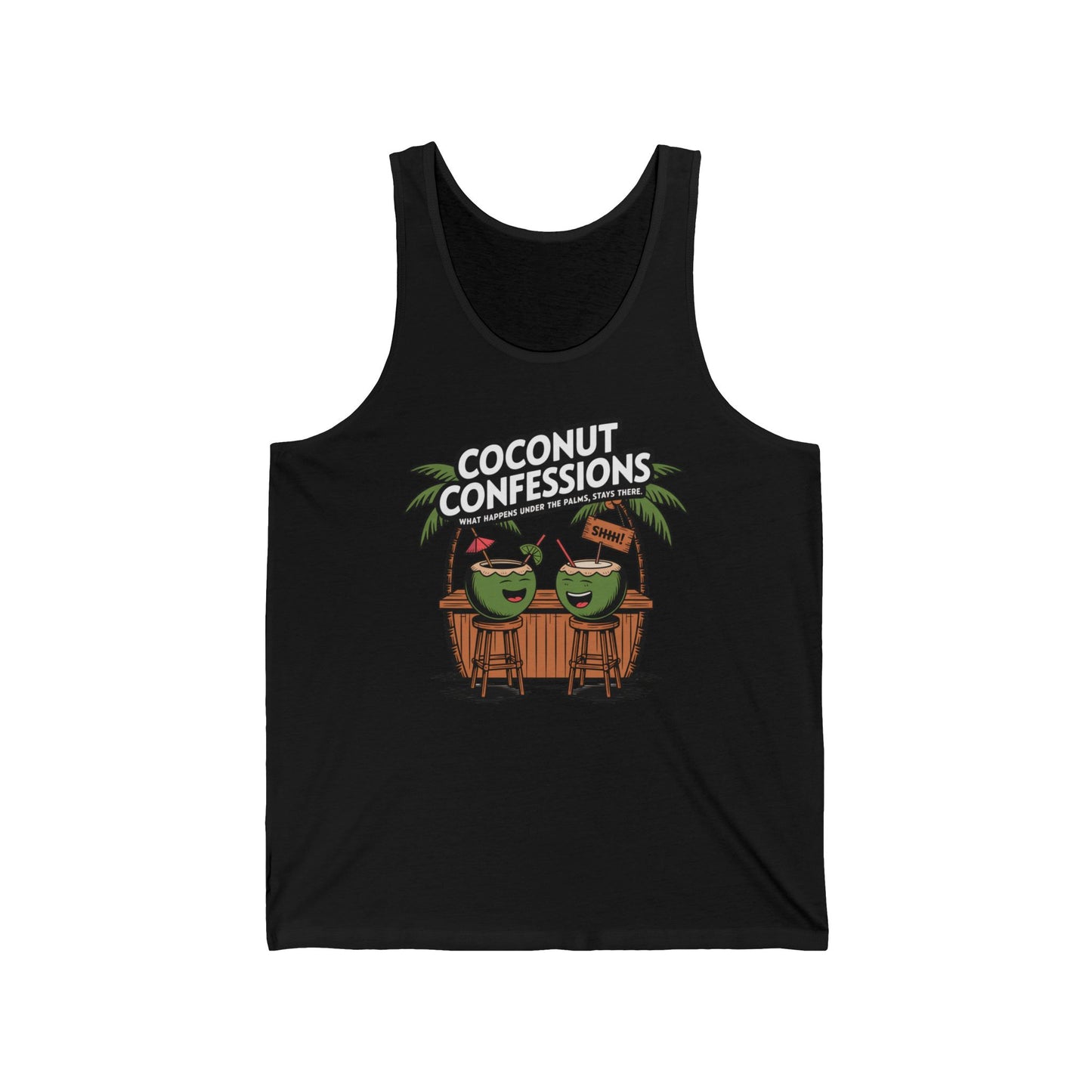 Stay cool in the Fun Coconut Confessions Unisex Jersey Tank—lightweight and perfect for summer parties or beach vacations. Features two cartoon coconuts at a tiki bar under palm trees. What happens at the fruit bar stays there!.