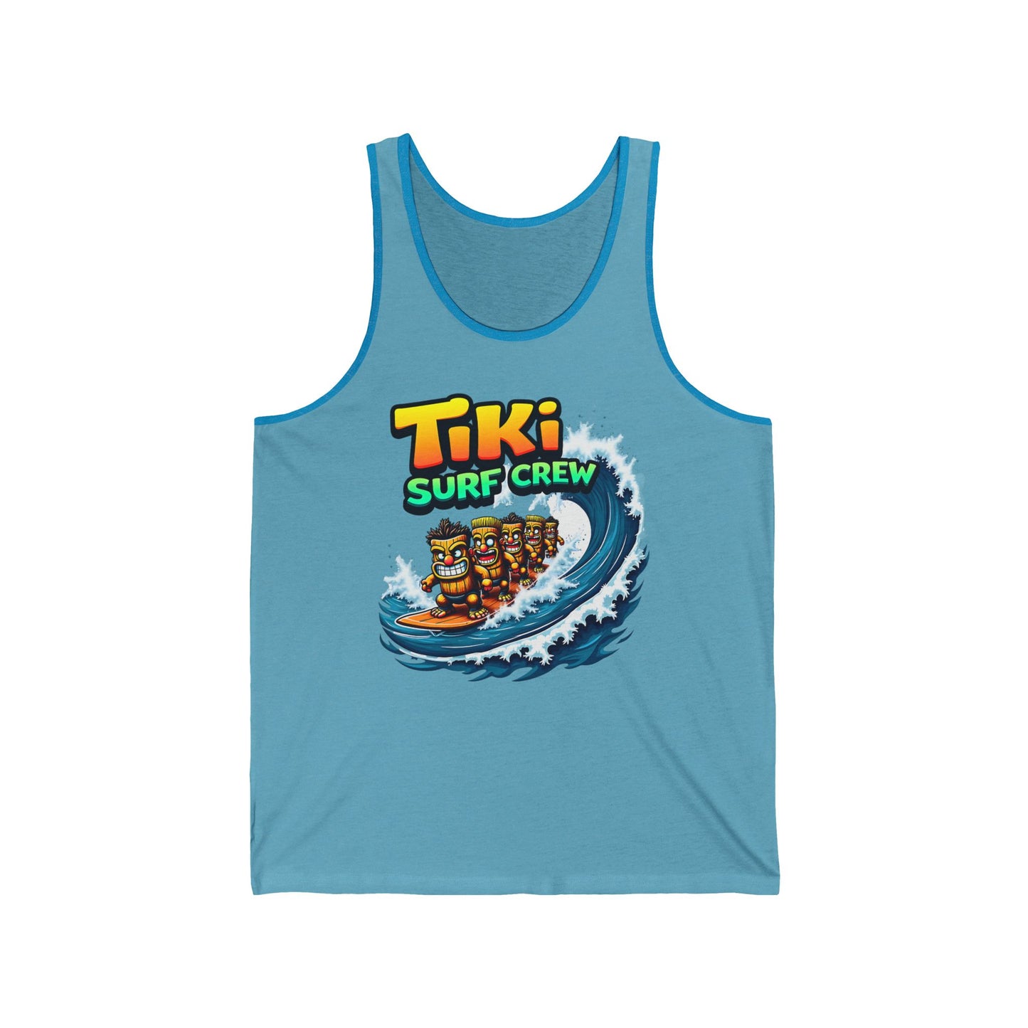 The Tiki Surf Crew Unisex Jersey Tiki Tank Top features four colorful tiki statues surfing a wave under Tiki Surf Crew text—ideal graphic apparel for beach days and summer fun.
