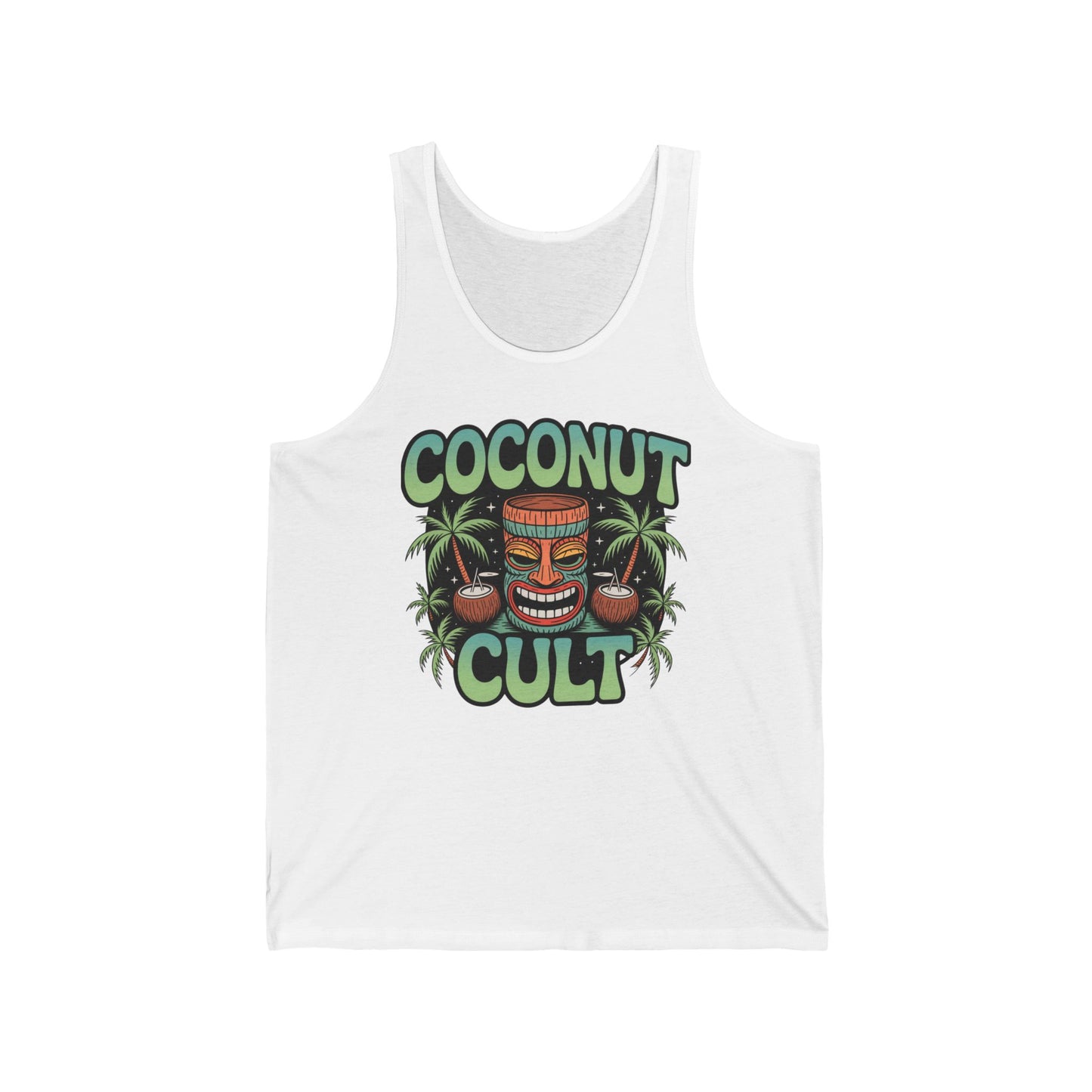 The Coconut Cult Unisex Jersey Tiki Tank Top features a vibrant tiki mask, coconuts, palm trees, and bold “Coconut Cult” text—perfect for tropical vibes on your next vacation.