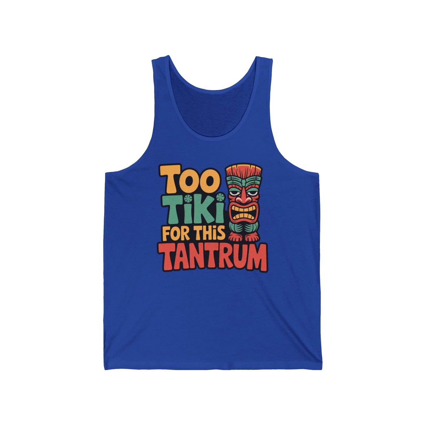 The Tiki Tantrum Unisex Jersey Tank Top is a fun summer top for the beach and parties, with Too Tiki For This Tantrum in playful letters beside a cartoon tiki face—perfect to add flair to your lightweight tank collection.