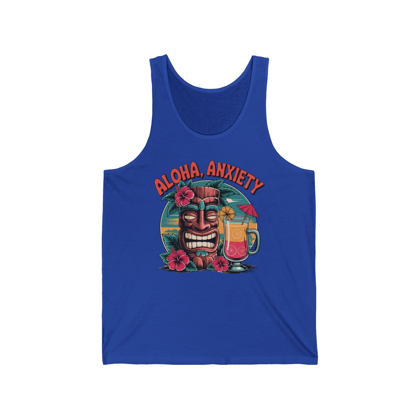 The Aloha Anxiety Unisex Jersey Tank – Relaxed Summer Vibes Shirt features a blue design with a vibrant tiki face, hibiscus flowers, a tropical drink, and Aloha, Anxiety text—ideal for summer getaways.