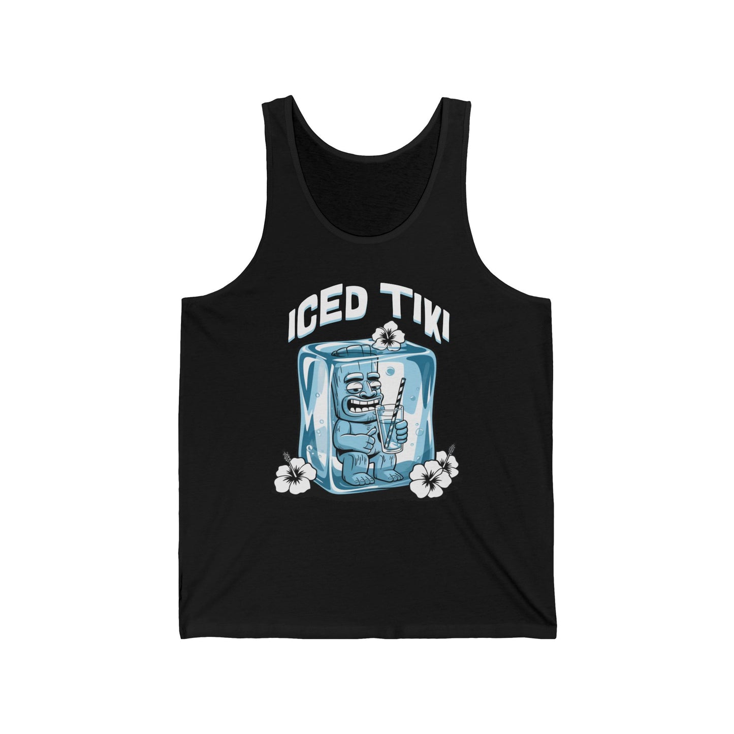 The Iced Tiki Unisex Jersey Tiki Tank Top features a blue tiki character in an ice cube with white flowers and bold ICED TIKI text—perfect for summer parties, beach lovers, and any fun summer wardrobe.