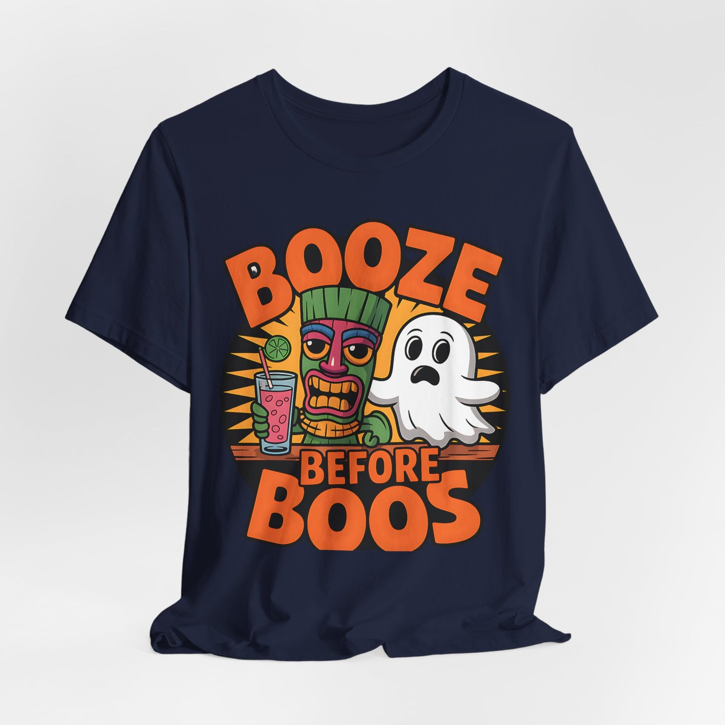 Navy blue t-shirt with Halloween-themed graphic and text 'Booze Before Boos' on a white background