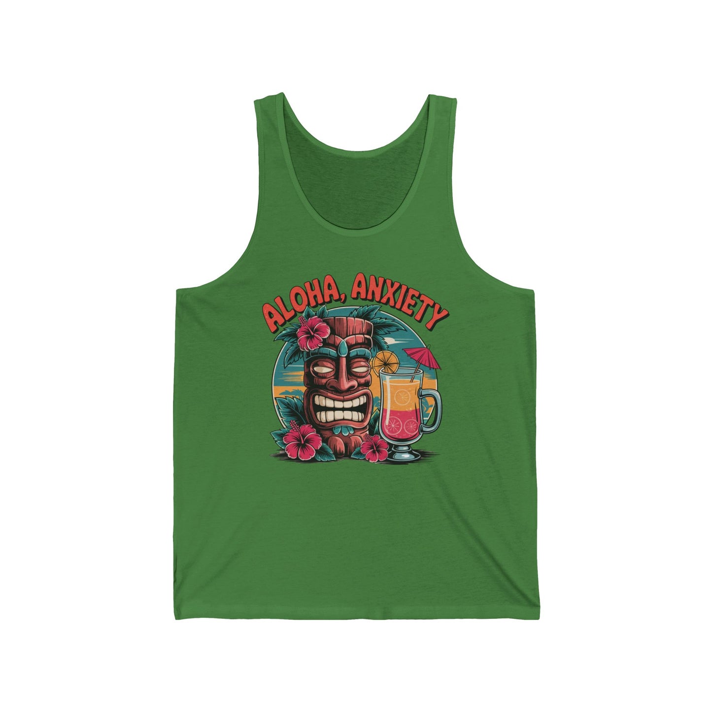 The Aloha Anxiety Unisex Jersey Tank - Relaxed Summer Vibes Shirt features a tiki mask, tropical flowers, and Aloha, Anxiety in red. Lightweight and breathable—ideal for summer vacations and casual wear.